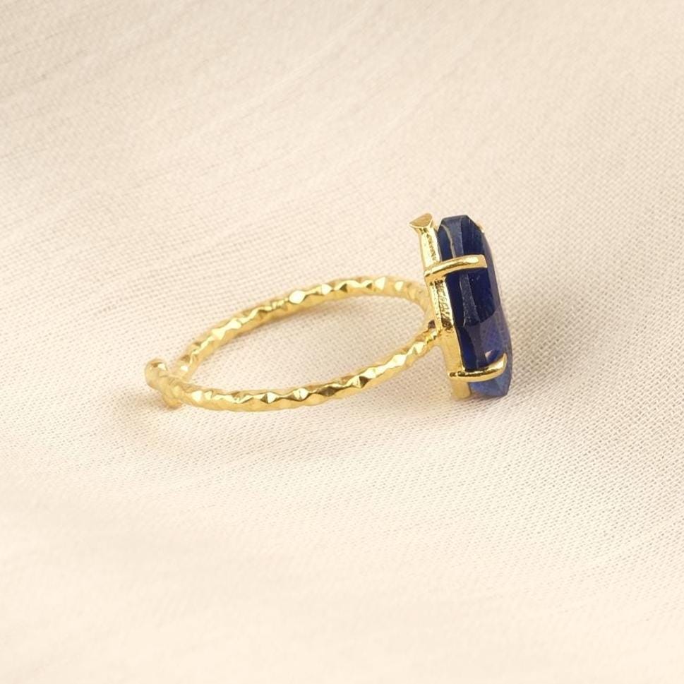Handmade Minimalist Aquamarine Gemstone Ring, Diamond Inspired, Antique Looking And Vintage Style Gold Plated Ring With Subtle Sparkle