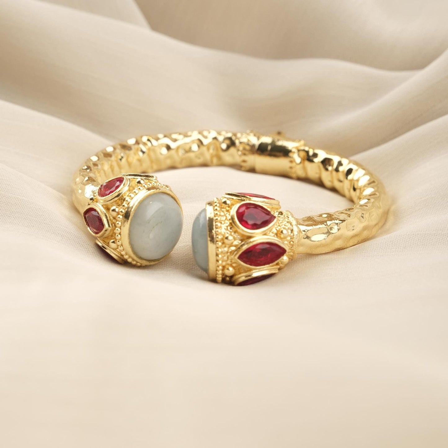 Stone of Courage | Handmade Aquamarine Bracelet with Ruby Red Accents, Inspired Design, Antique Looking and Vintage Style Gold Plated Bangle