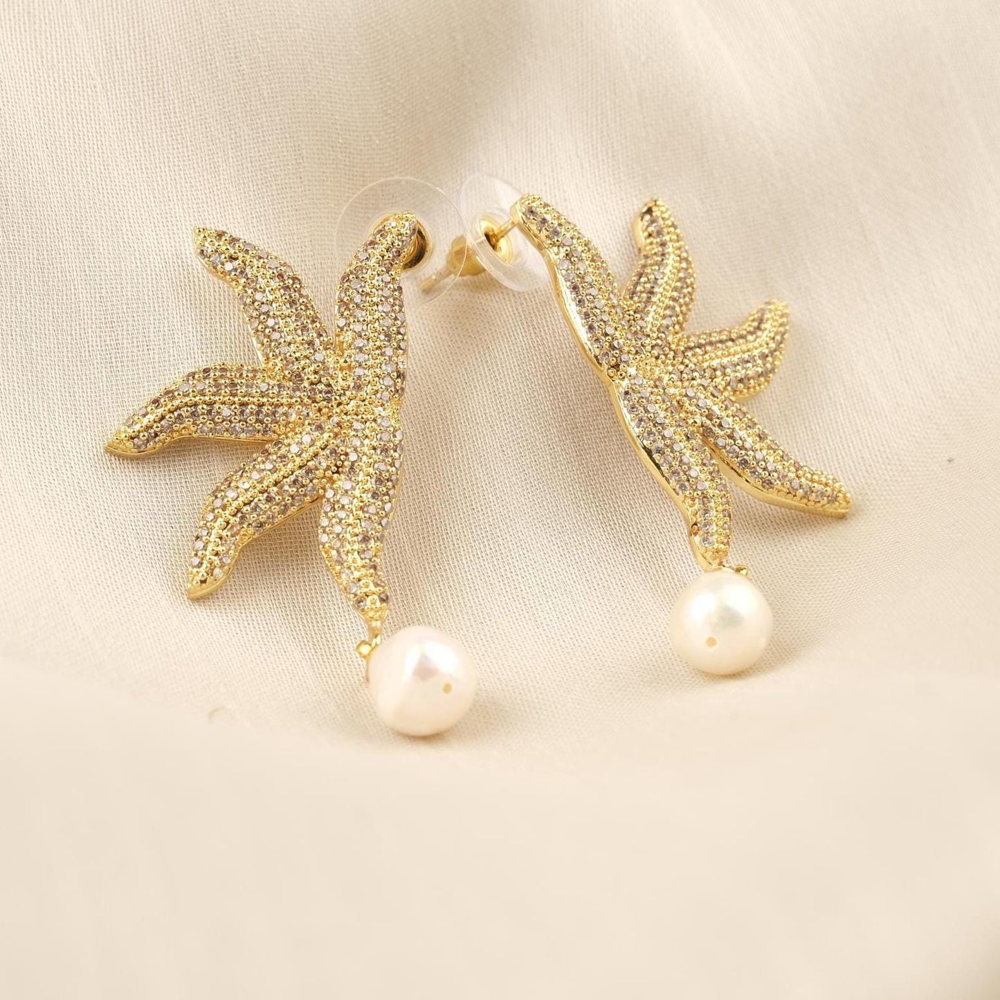 Handmade Real Pearl & Starfish Stud Earrings with Genuine Freshwater Pearl, Light Artistic Ocean-Inspired Design, Elegant Marine Style Gift