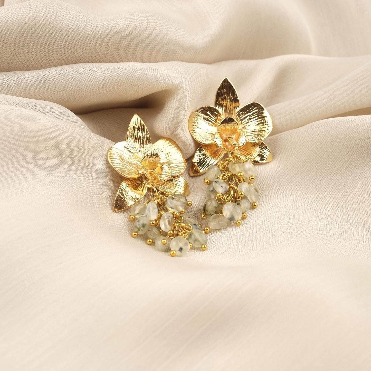 Prenhite Handmade Gold Plated Floral Stud Earrings With Gemstone Grapes, Artistic Botanical Jewelry, Statement Design For Elegant Looks