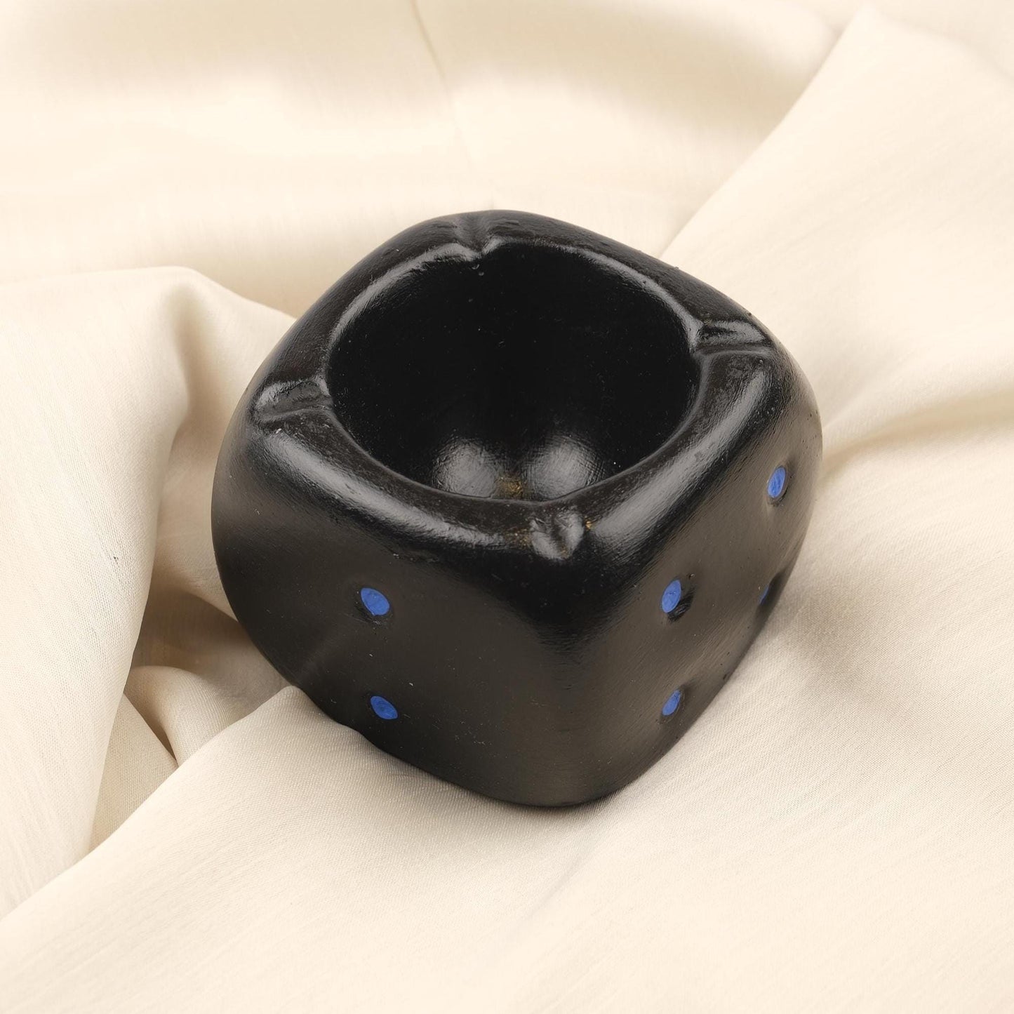 Black Dice Ashtray with Blue Dots, Casino Style Smoking Tray, Funky Handmade Cube Decor for Game Nights Unique Gift Idea