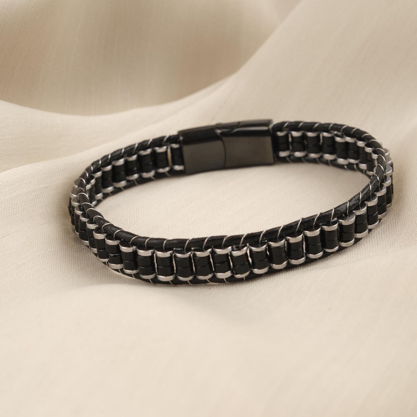 Handmade Hematite & Genuine Leather Men's Bracelet, Bold Black , Titanium Lock, Elegant Statement Piece | 22 cm (8.66 in) gift