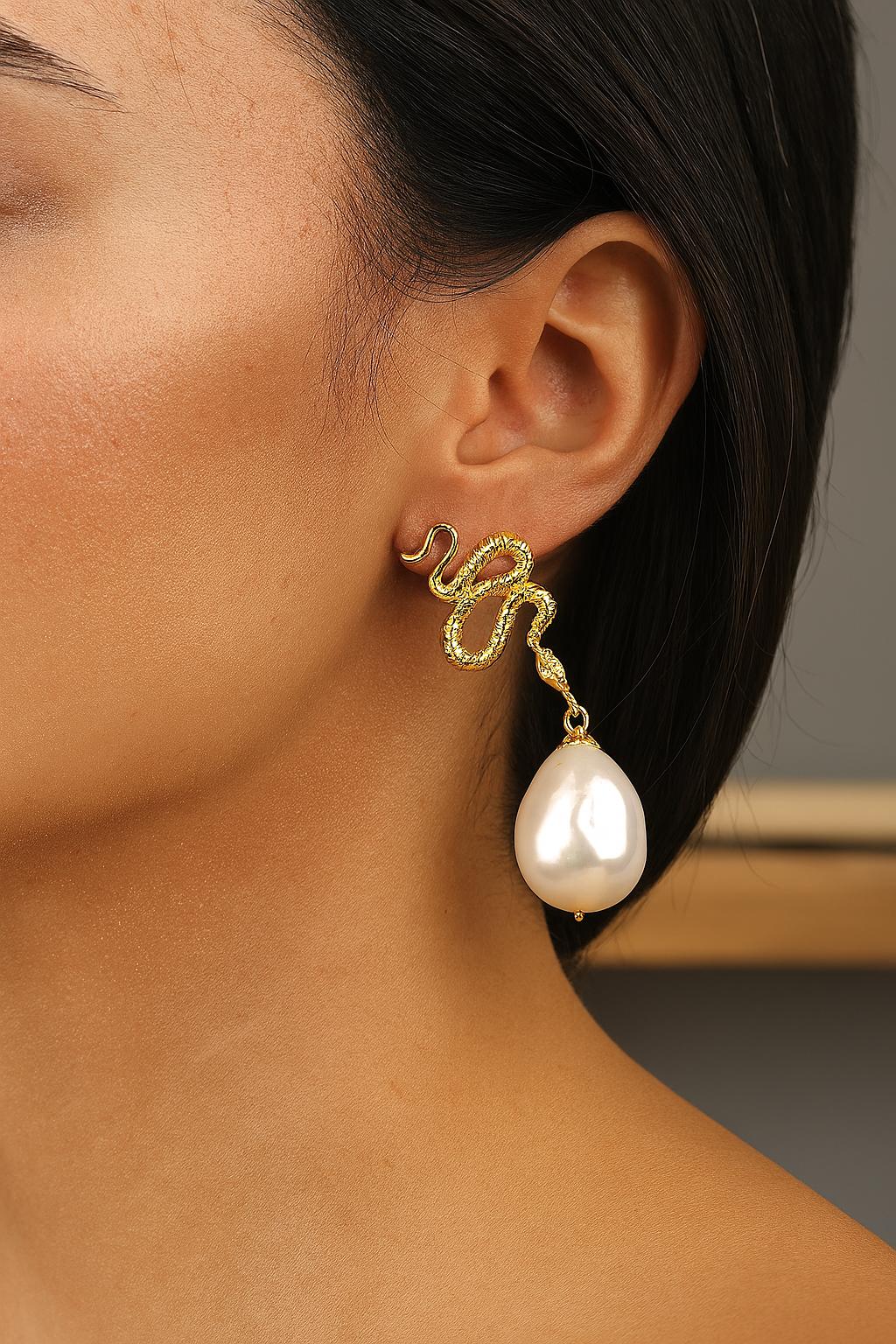 Handmade Pearl Snake Stud Earrings, Gold Plate Serpent Design with Faux Pearl Drop, Statement Earrings, Artistic & Antique Looking Style