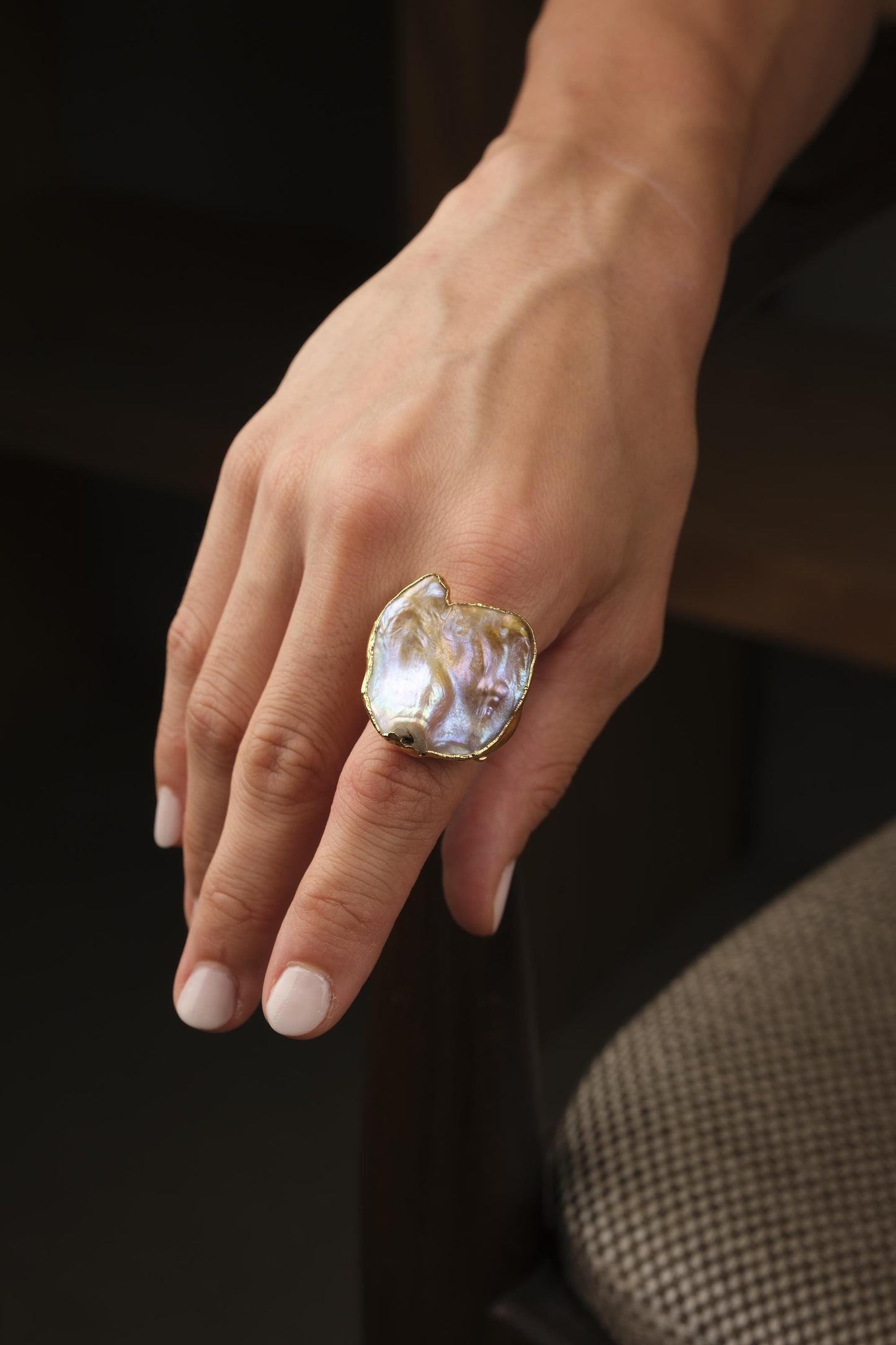 Handmade Genuine Pearl Statement, Antique Looking And Vintage Style Gold Plated Ring With Sculptural Artistic Abstract Design For Women