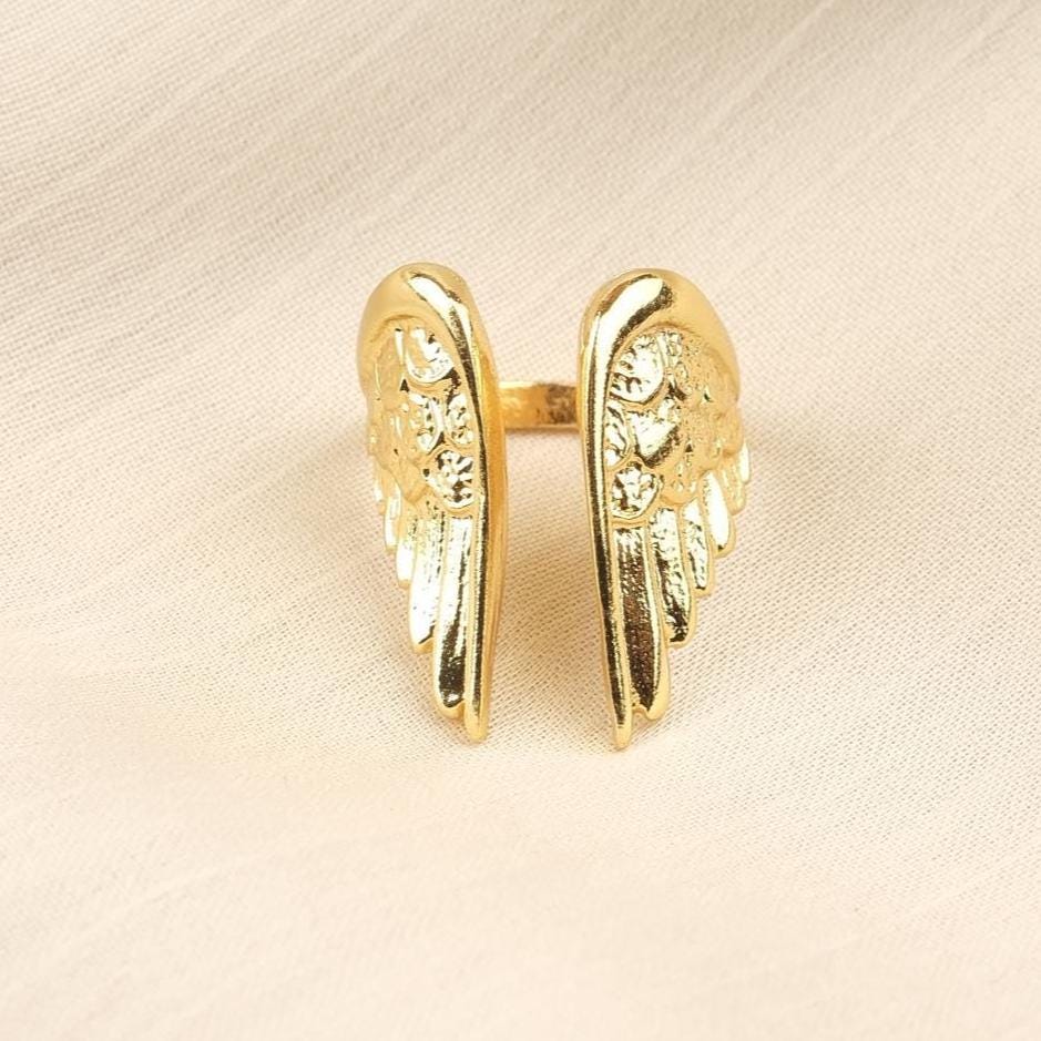 Spiritual Feather & Angel Design Ring Antique Looking And Vintage Style Gold Plated Adjustable , Celestial Inspired Statement Jewelry Gift