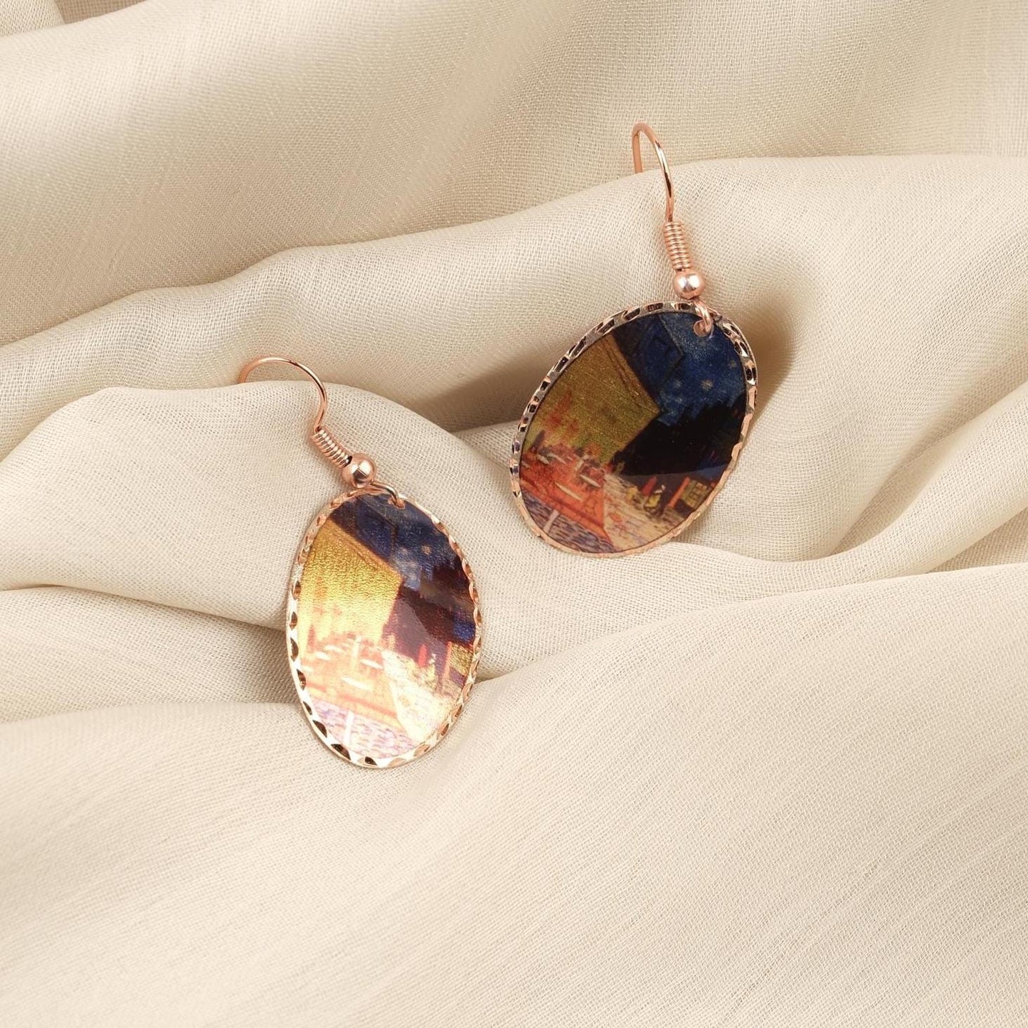 Vincent van Gogh “Café Terrace at Night” Dangle Earrings in Pure Copper, Artistic Design | Handmade Vintage Style, Antique Looking Gift