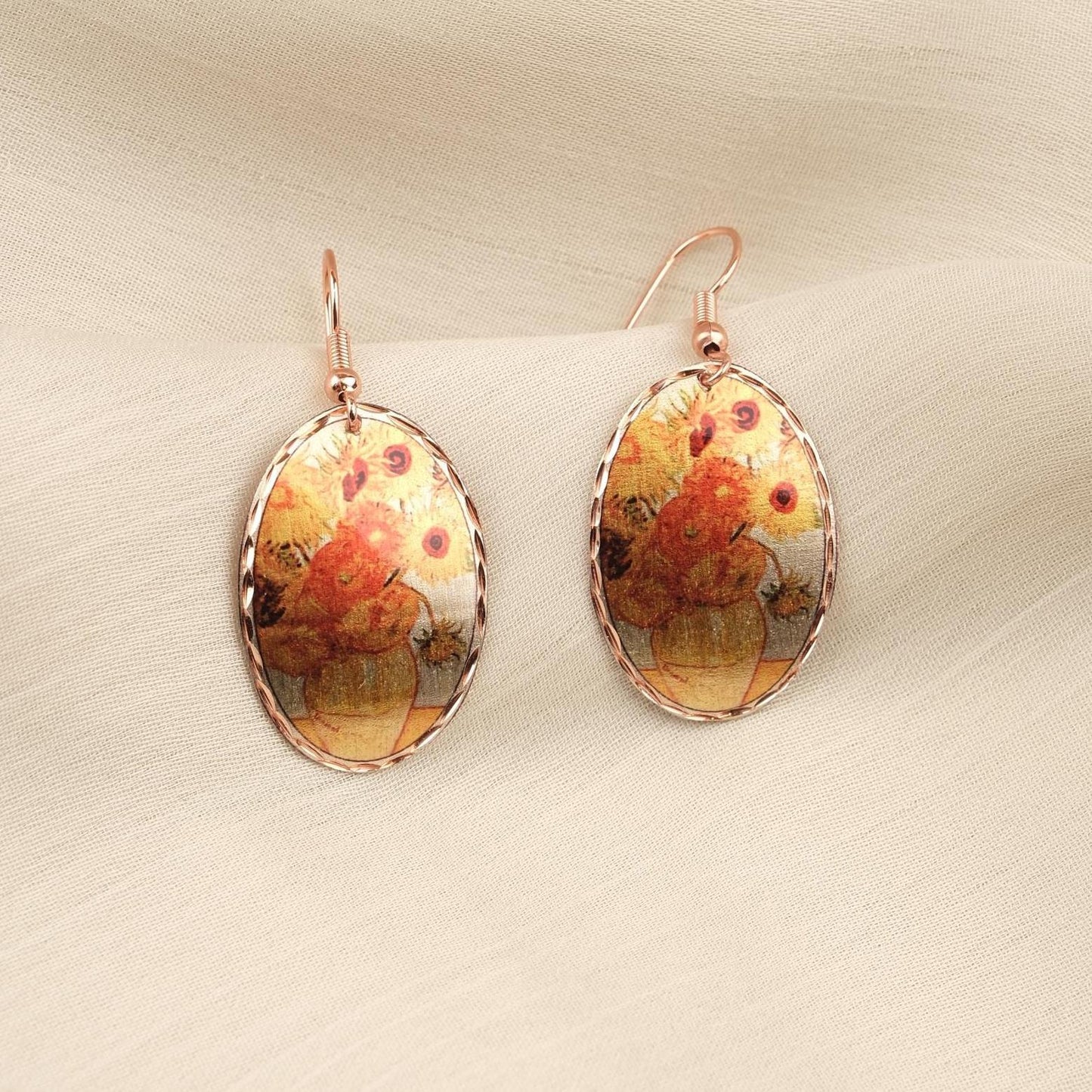 Vincent van Gogh “Vase with Fifteen Sunflowers” Dangle Earrings in Pure Copper, Artistic Design, Handmade Vintage Style Antique Looking Gift