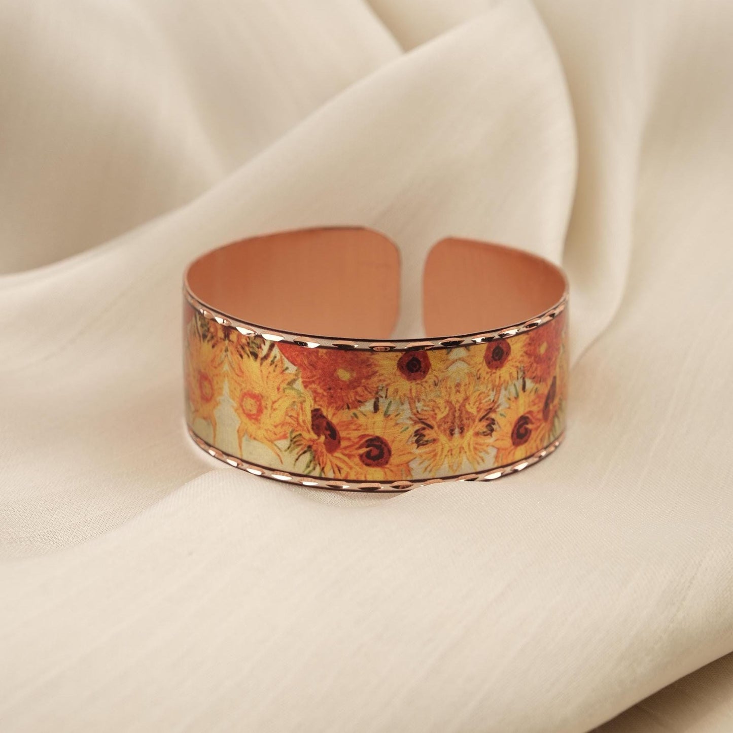 Vincent Van Gogh "Vase with Fifteen Sunflowers" Bracelet in Pure Copper, Handmade Adjustable Bangles | Antique Looking Vintage Style Gift