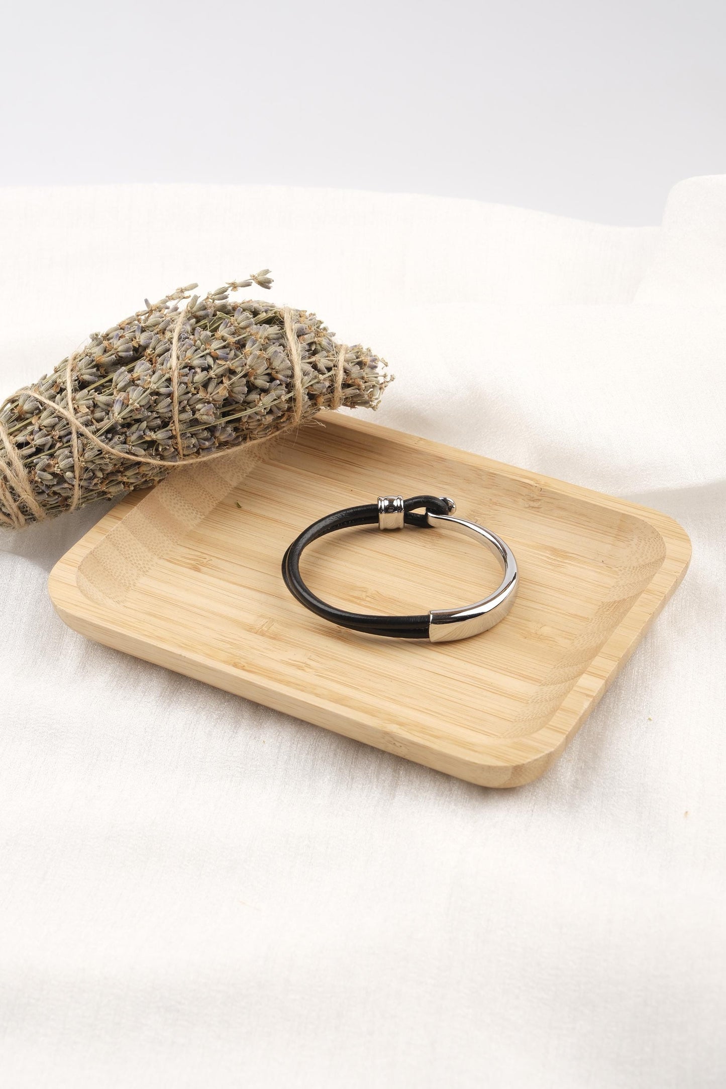 Timeless Elegance, Silver Hook Leather Bracelet for Men, Classic Wristband with Genuine Leather, Stylish Bracelet Gift for Him