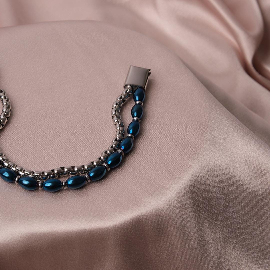 Half Blue Stone & Half Silver Stainless Steel Bracelet –Thick Chain Design for Men | Durable Wristwear | Bold Statement Piece | Gift for Him