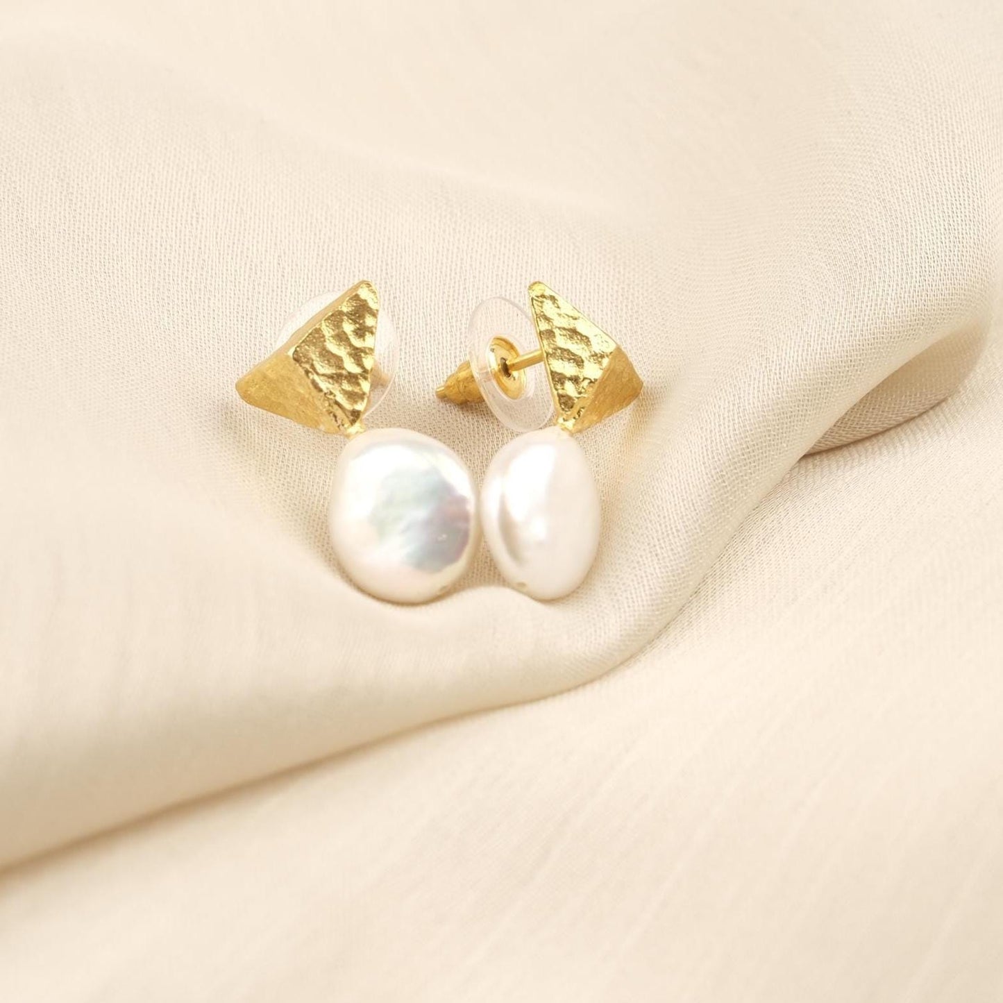 Handmade Genuine Pearl Stud Earrings, Pyramid Style Textured Gold Plated Design, Minimalist Chic Jewelry for Women, Artistic Modern Look