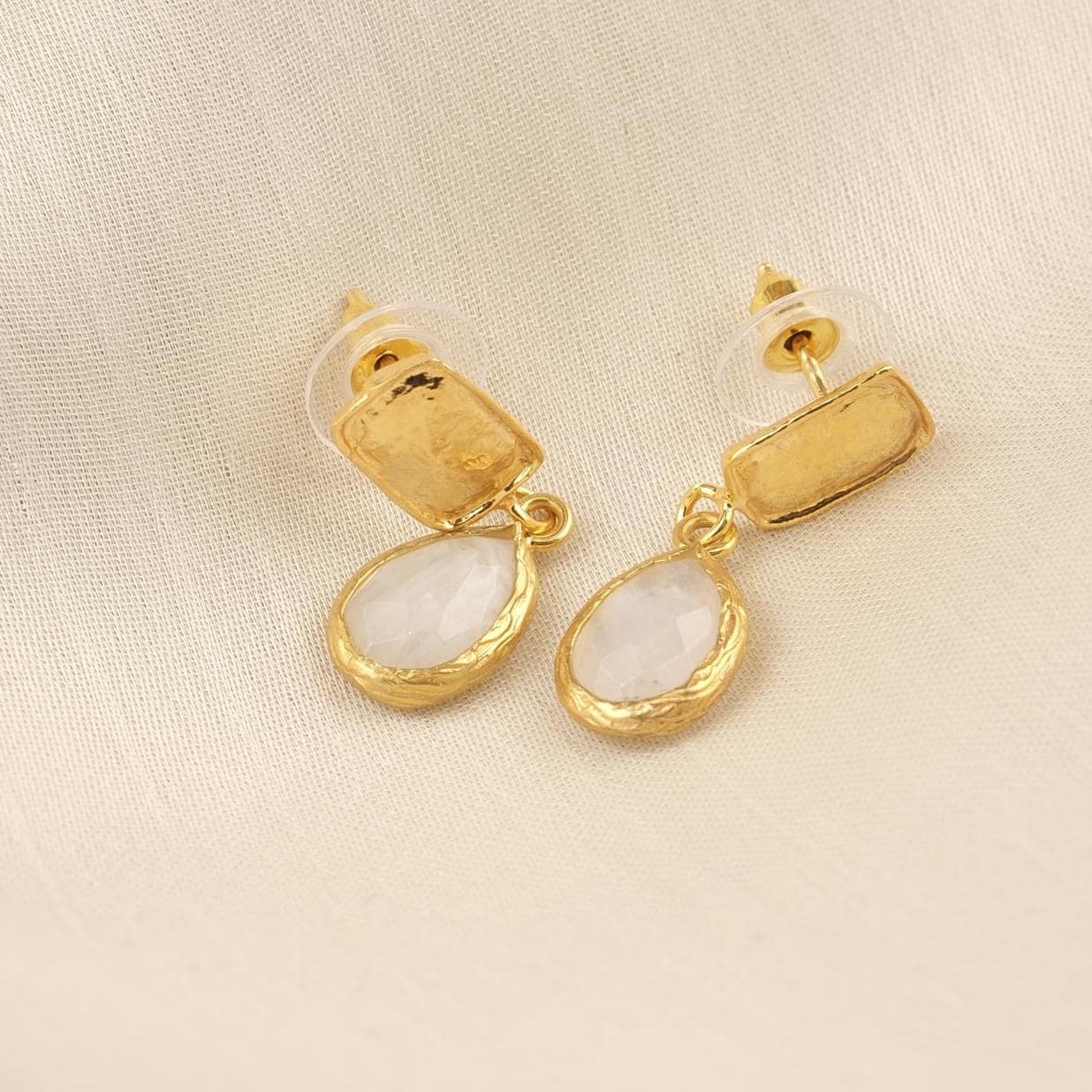 Handmade Moonstone Gold Plated Diamond Shape Stud Earrings, Minimalist Artistic Design with Drop Charm, Elegant Lightweight Jewelry Gift