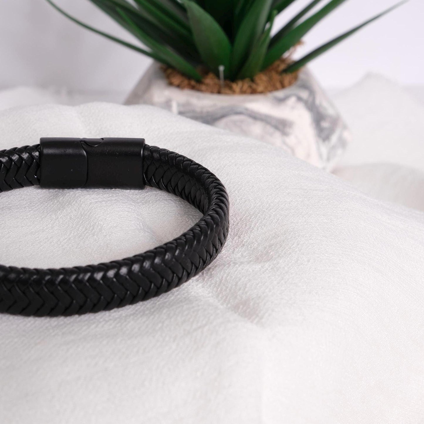 Matte Black Braided Leather Men's Bracelet 22cm, Minimalist Genuine Leather Wristband with Magnetic Clasp | Bold Modern Gift for Him