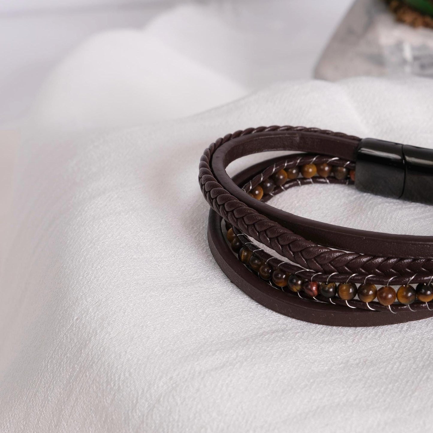 Black Leather & Tiger Eye Gemstone Men's Bracelet 22cm – Bold Braided Design with Natural Stone Accent, Durable Genuine Leather Wristwear