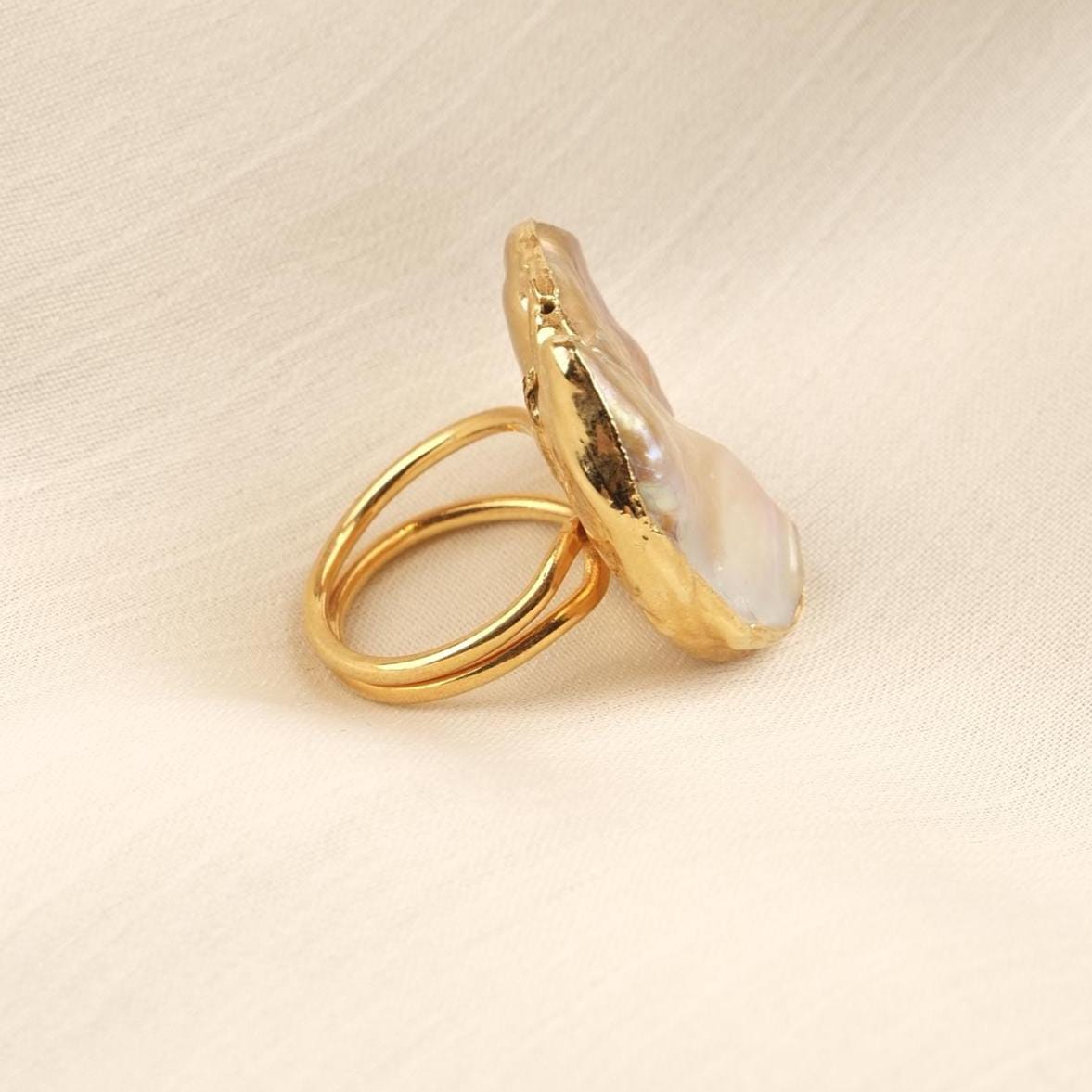Handmade Genuine Pearl Statement, Antique Looking And Vintage Style Gold Plated Ring With Sculptural Artistic Abstract Design For Women