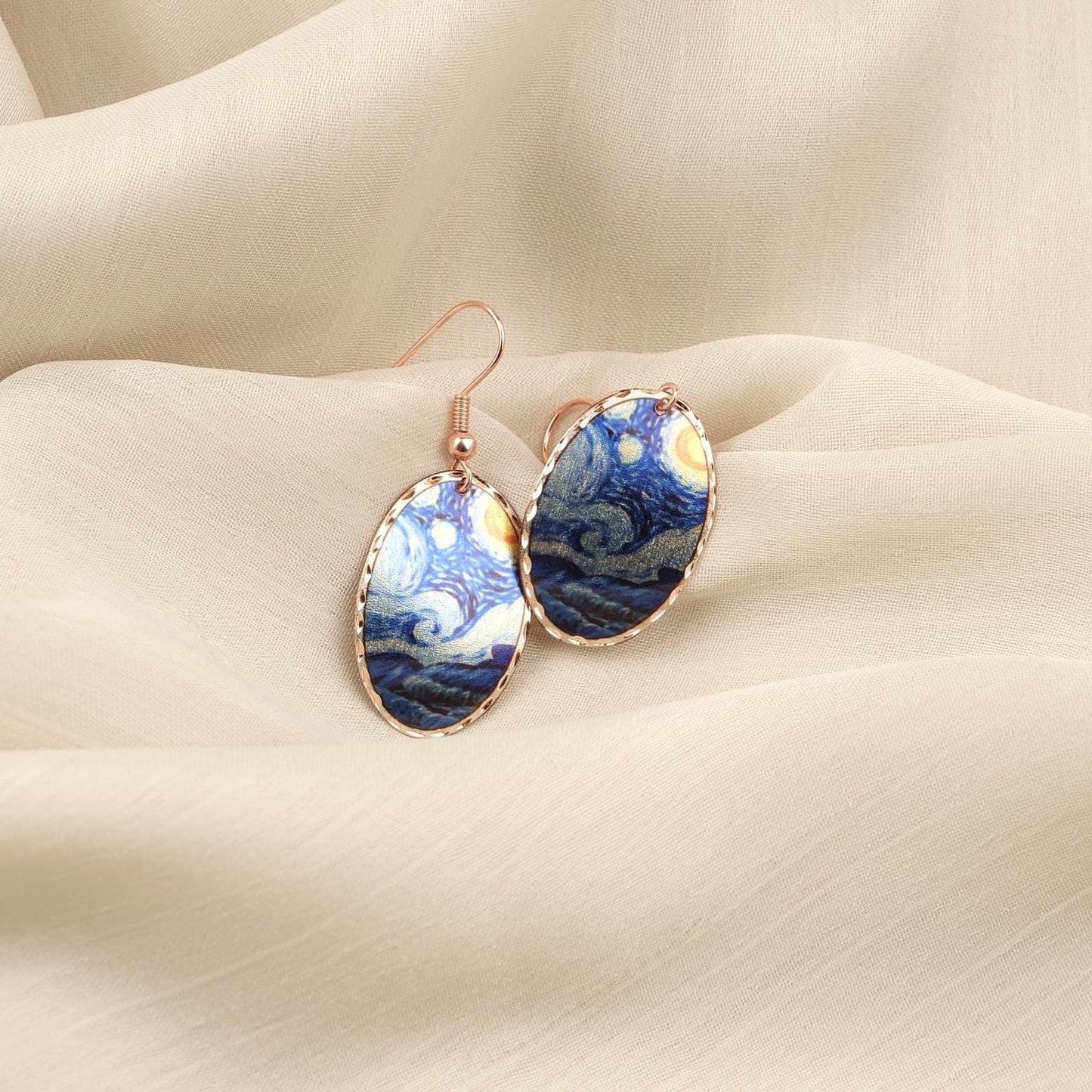 Vincent van Gogh “The Starry Night” Dangle Earrings in Pure Copper, Artistic Design | Handmade Vintage Style, Antique Looking Gift