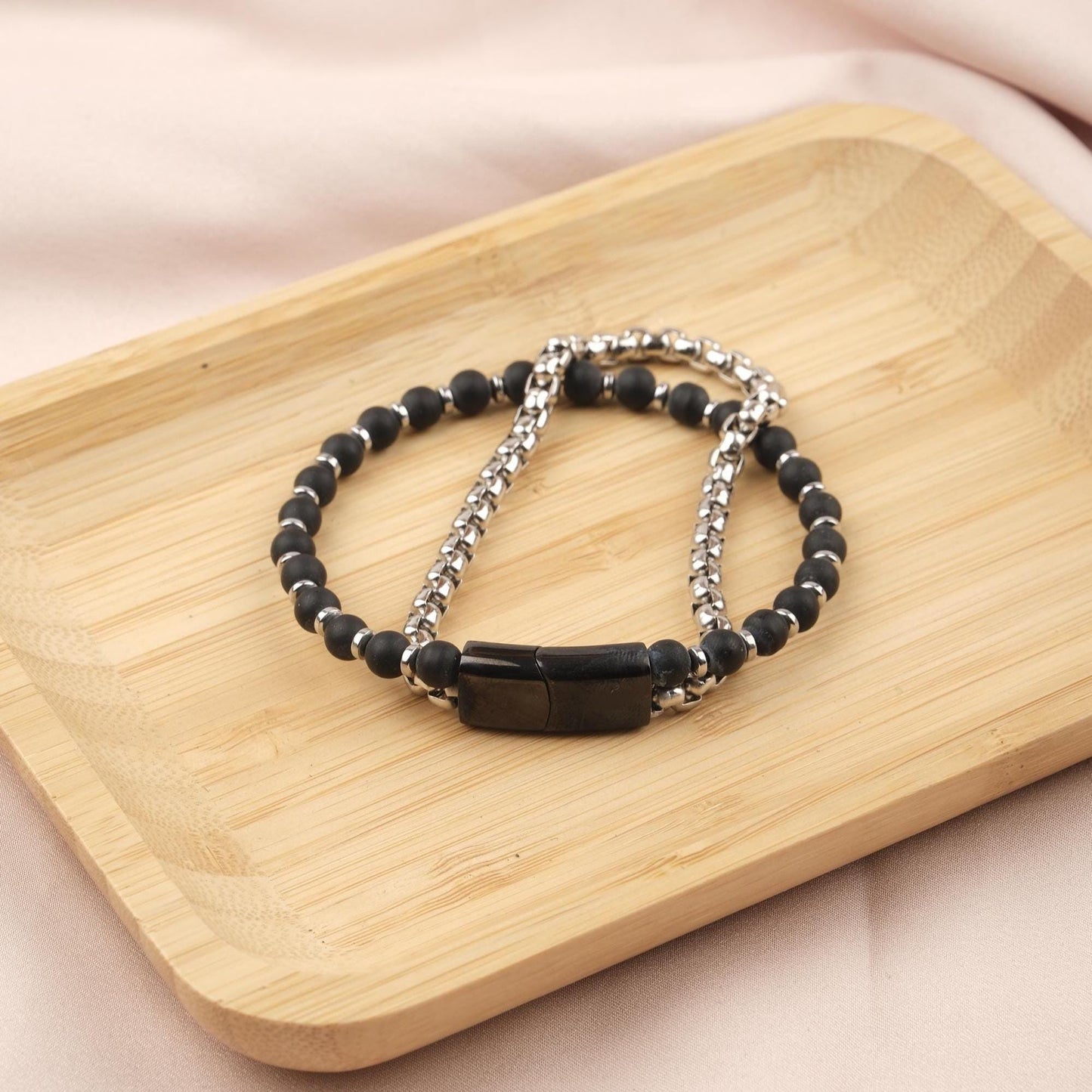 Stone of Strength, Black Matte Onyx & Hematite Leather Bracelet for Men, Crystal Protection Bracelet Gift, Bold Wristband, 21cm / 8.26in