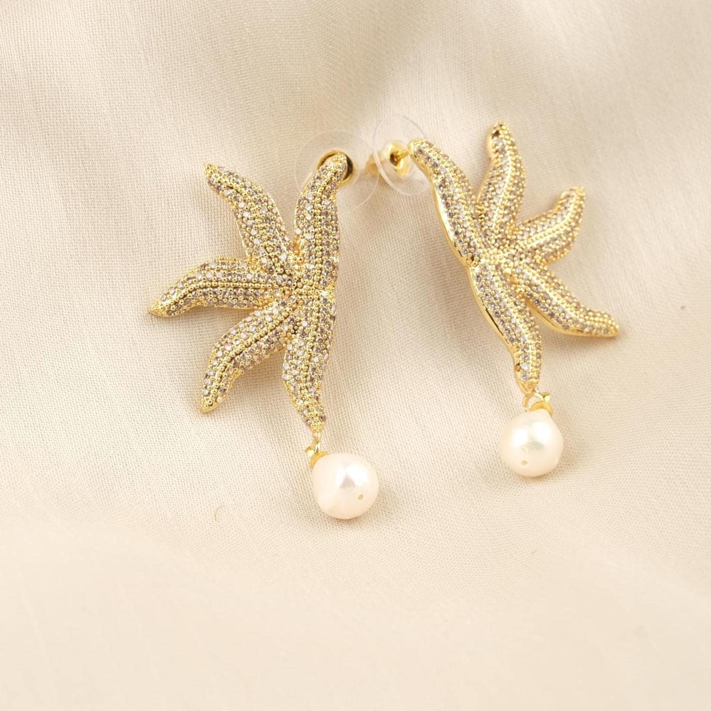 Handmade Real Pearl & Starfish Stud Earrings with Genuine Freshwater Pearl, Light Artistic Ocean-Inspired Design, Elegant Marine Style Gift