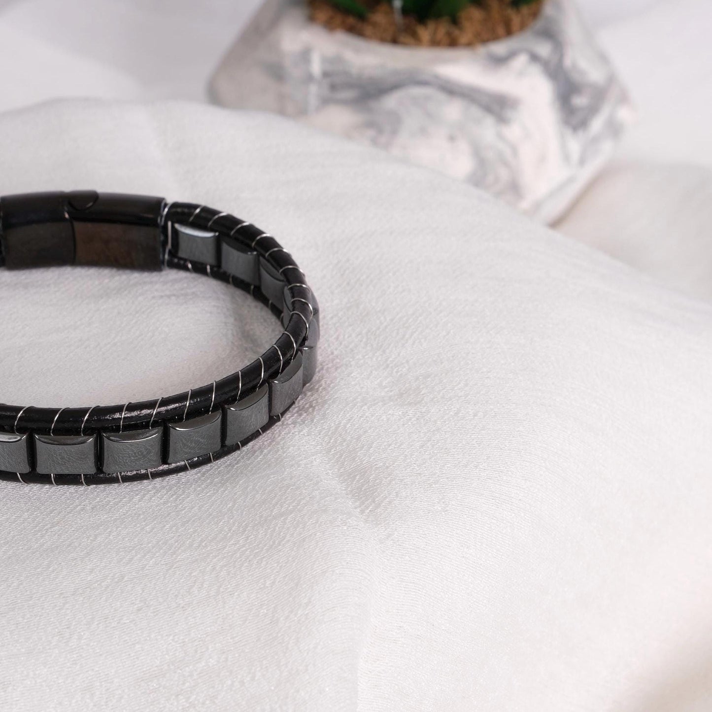 Hematite and Black Leather Men's Bracelet | Titanium Lock – 22cm(8.66in) Stainless Steel Finish Masculine and Durable with