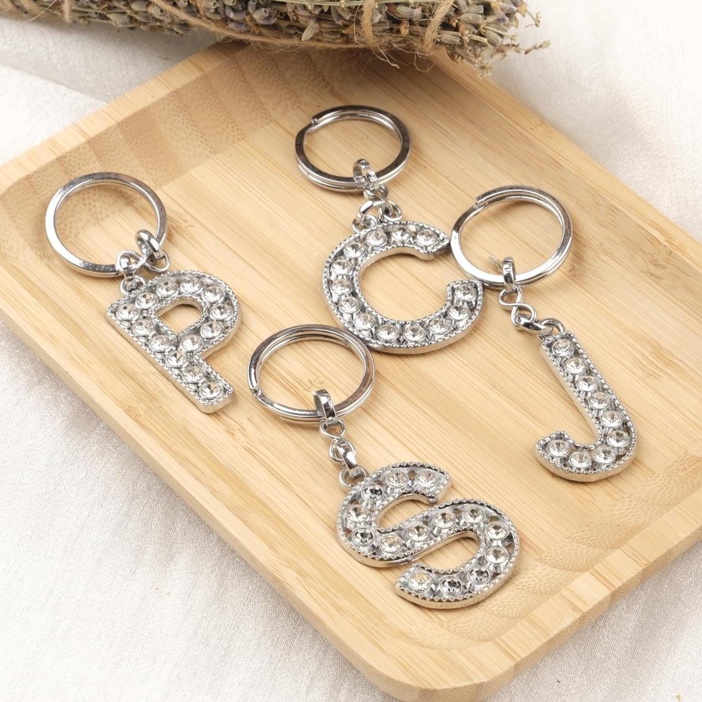 Shiny Silver Initial Keychain with Rhinestones, Personalized Letter Keyring Gift for Women, Custom Name Charm