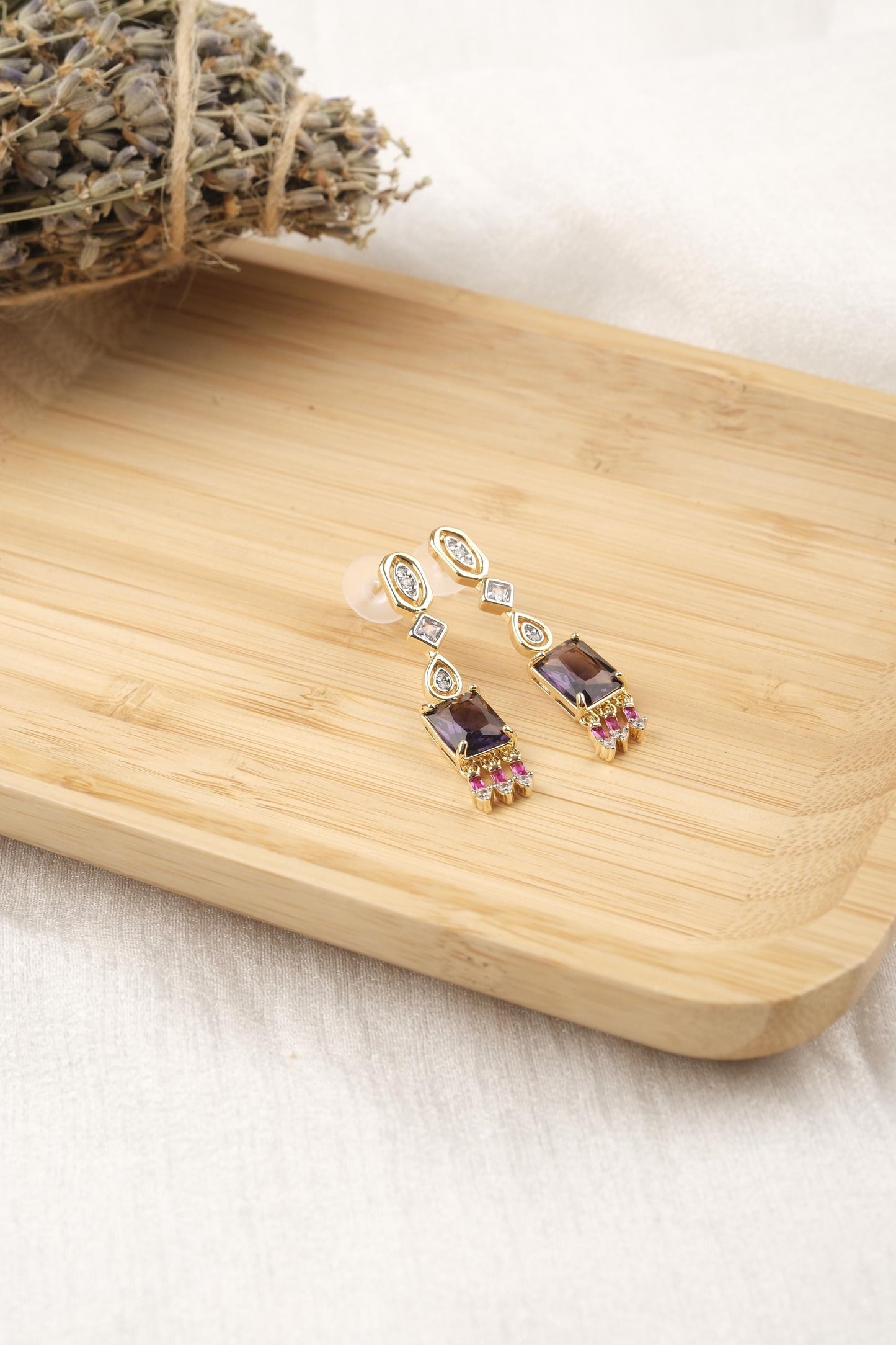 Purple Drop Earrings With Emerald Diamond Accents, Gold Plated Stud Earrings For Women, Colorful Romantic Jewelry Gift For Her