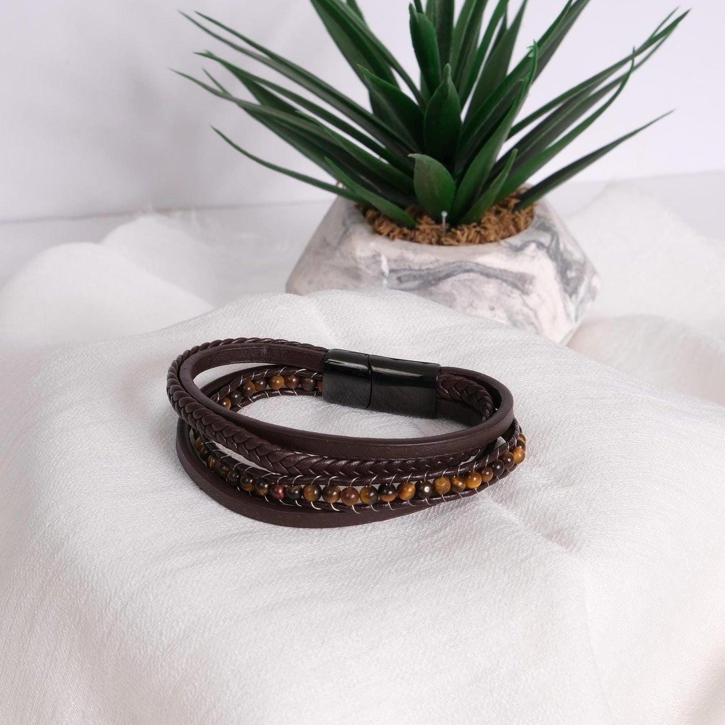 Black Leather & Tiger Eye Gemstone Men's Bracelet 22cm – Bold Braided Design with Natural Stone Accent, Durable Genuine Leather Wristwear