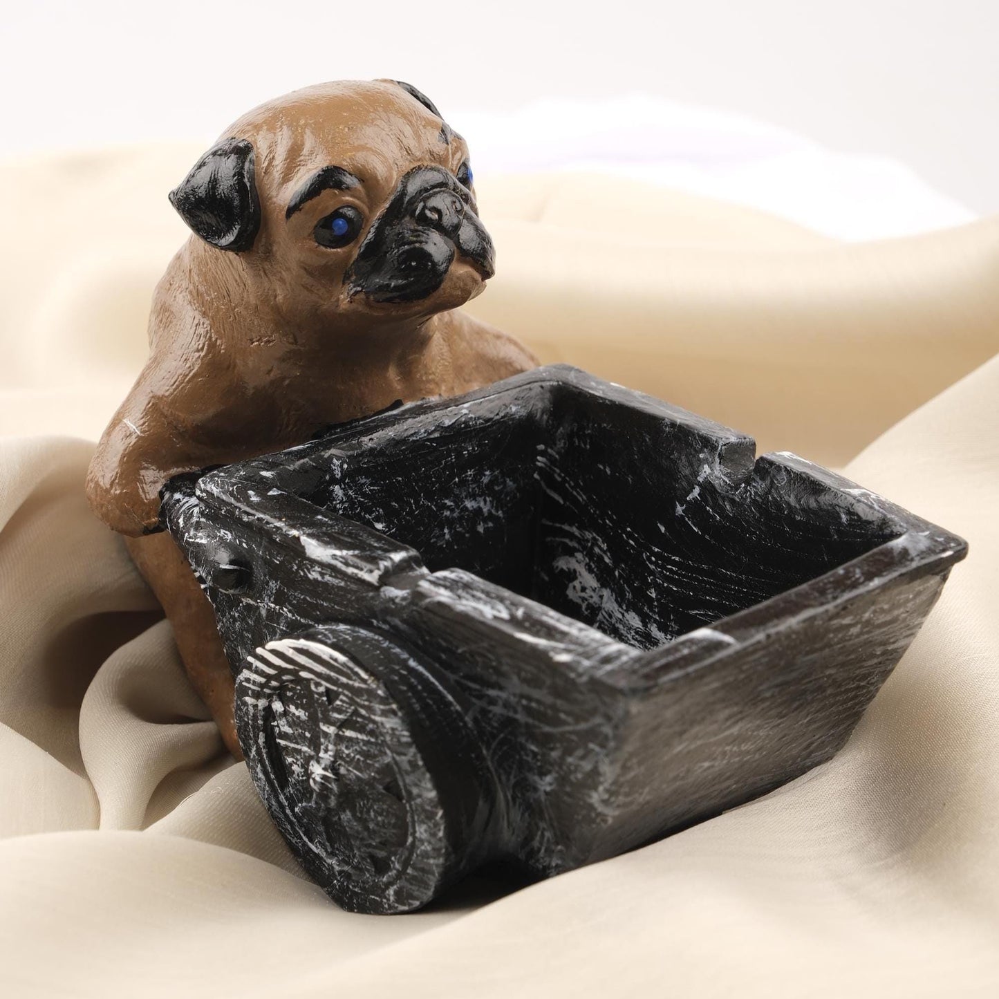 Green Pug Dog Ashtray in Wheelbarrow Cart, Cute Animal Smoking Tray, Handcrafted Dog Lover Gift Whimsical and Functional Decor, 16x9x12cm