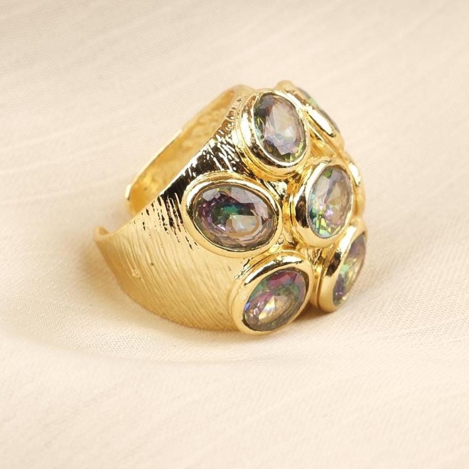 Handmade Ottoman Style Ring With Green Gemstone Cluster, Antique Looking And Vintage Style Gold Plated Ring With Regal And Artistic Details