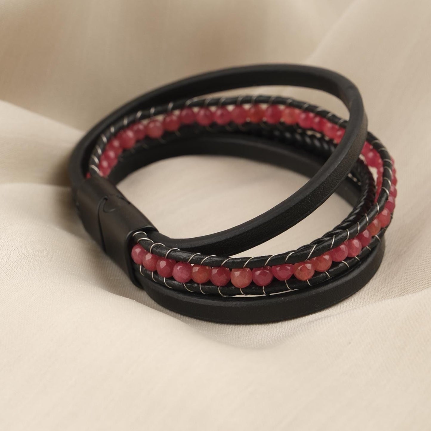 Handmade Bold Quartz and Genuine Leather Men's Bracelet, Multi-Layer Design with Titanium Lock, Statement Gemstone Jewelry | 22 cm (8.66 in)