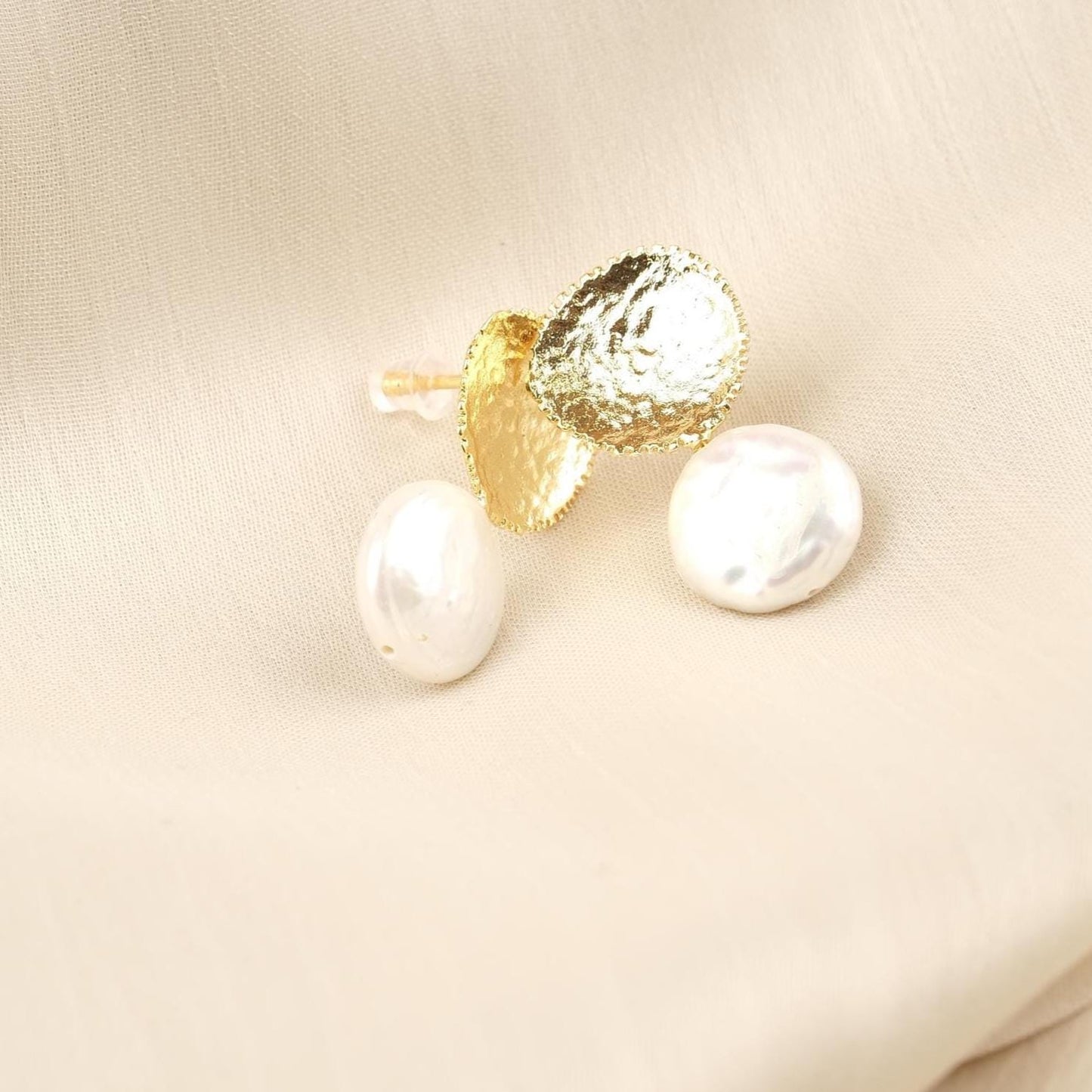Handmade Gold Plated Stud Earrings with Genuine Freshwater Pearl, Antique Looking Dome Design, Elegant Artistic Minimal Jewelry Gift for her