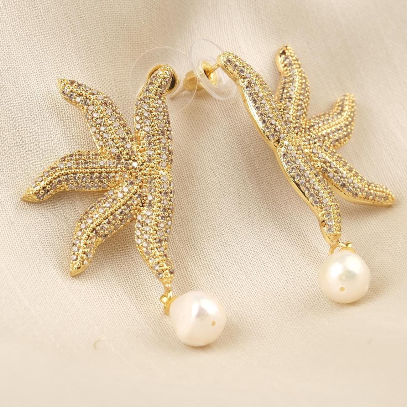 Handmade Real Pearl & Starfish Stud Earrings with Genuine Freshwater Pearl, Light Artistic Ocean-Inspired Design, Elegant Marine Style Gift