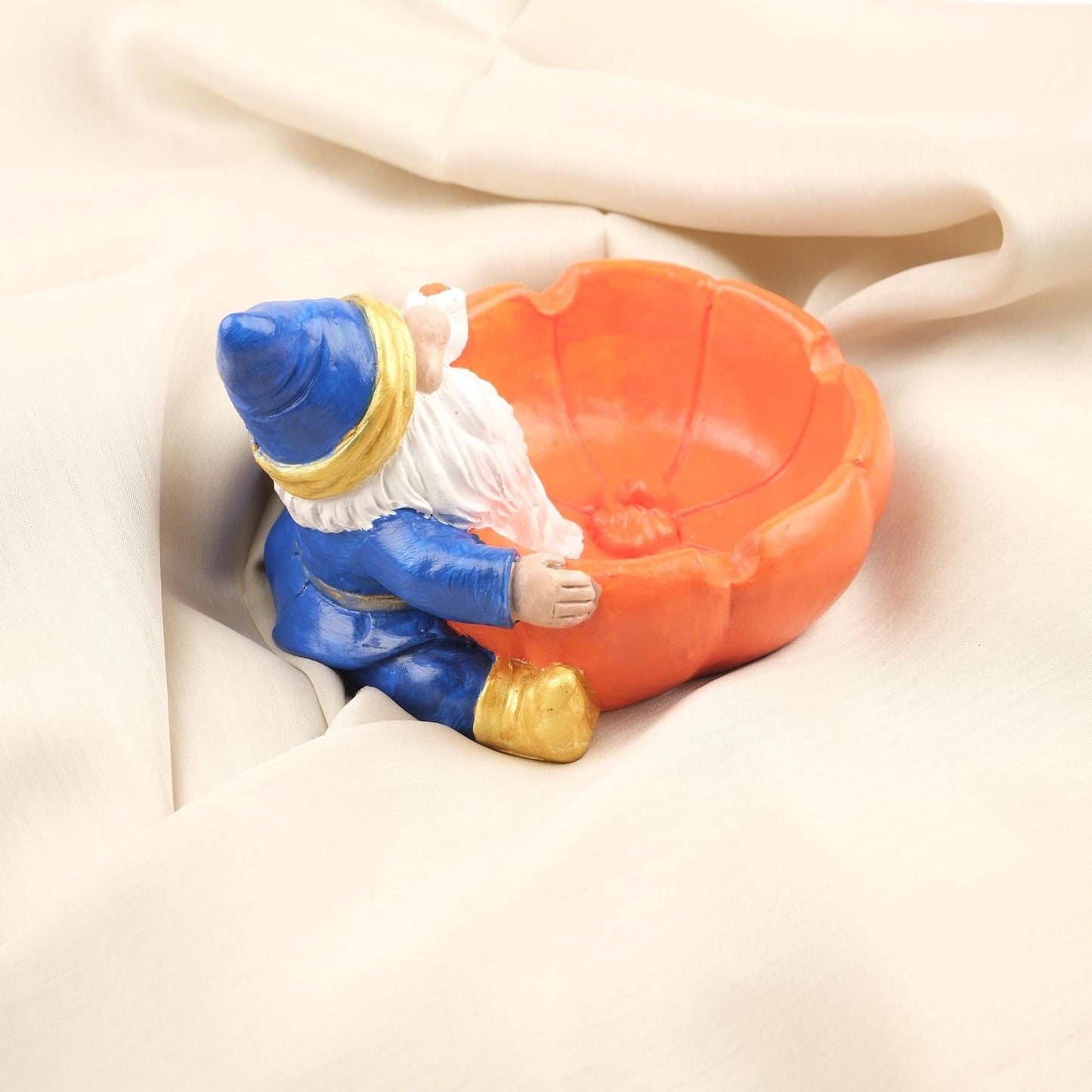 Santa Gnome Ashtray in Orange Pumpkin Bowl, Whimsical Elf Smoking Tray, Handcrafted Fantasy Decor Unique Gift for Smokers, 11x14x11cm Blue