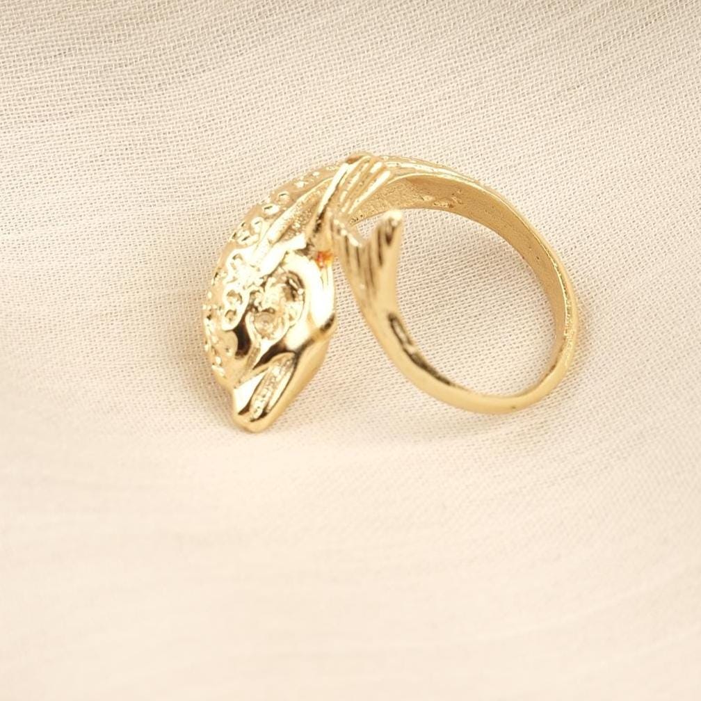 Handmade Dolphin Antique Looking Vintage Style Adjustable Ring, Gold Plated Dolphin Design, Playful Ocean Inspired Animal Statement Jewelry