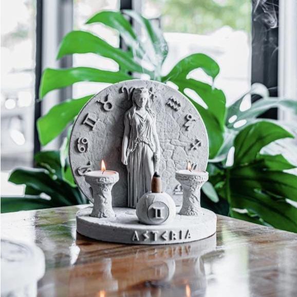 Handcrafted Asteria Incense Burner with Twin Candle Holders, Zodiac Concrete Design, Mystical Spiritual Decor for Meditation and Balance