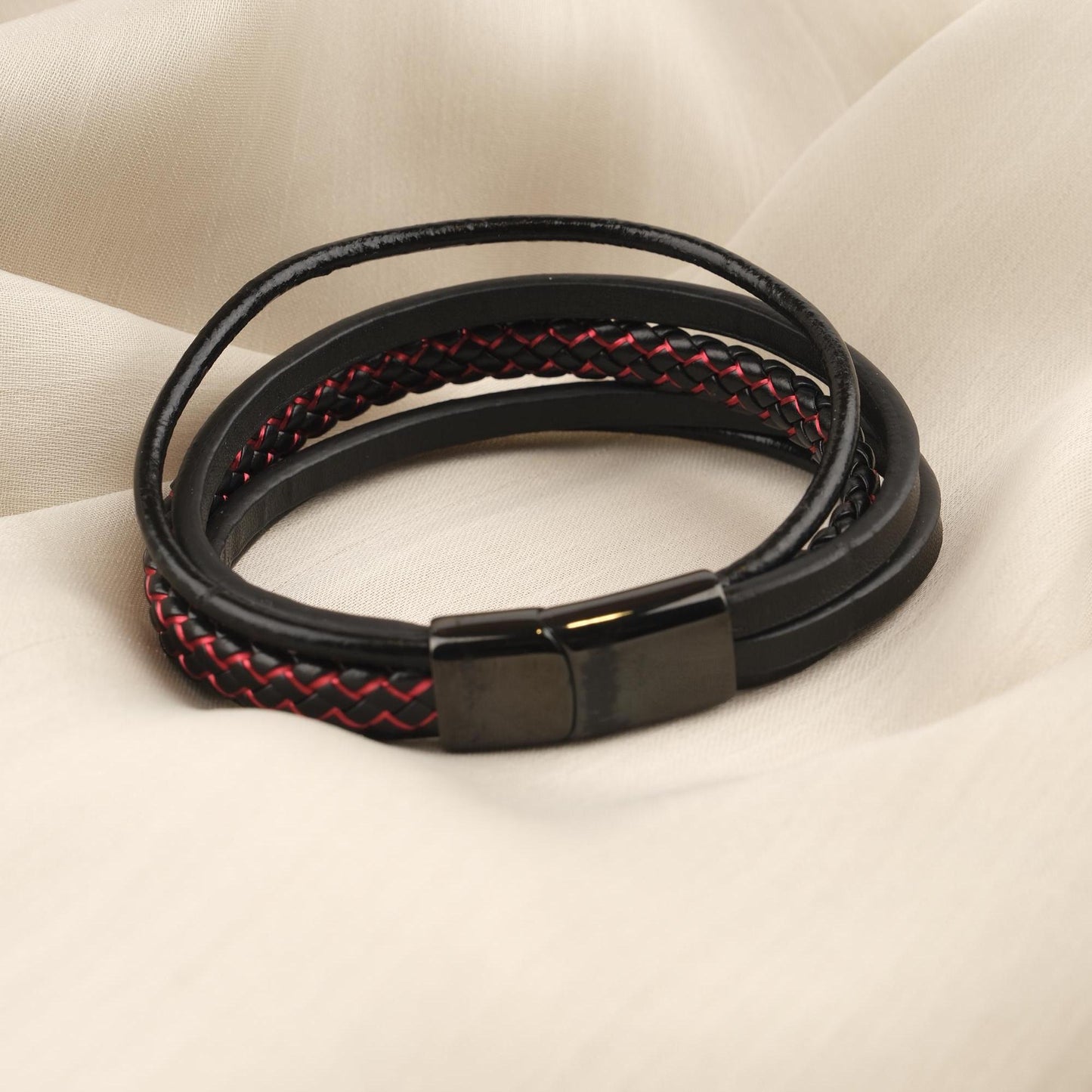 Black Leather Titanium Lock Men's Bracelet – 22cm Bold Design with Red Stitching and Gold Accent
