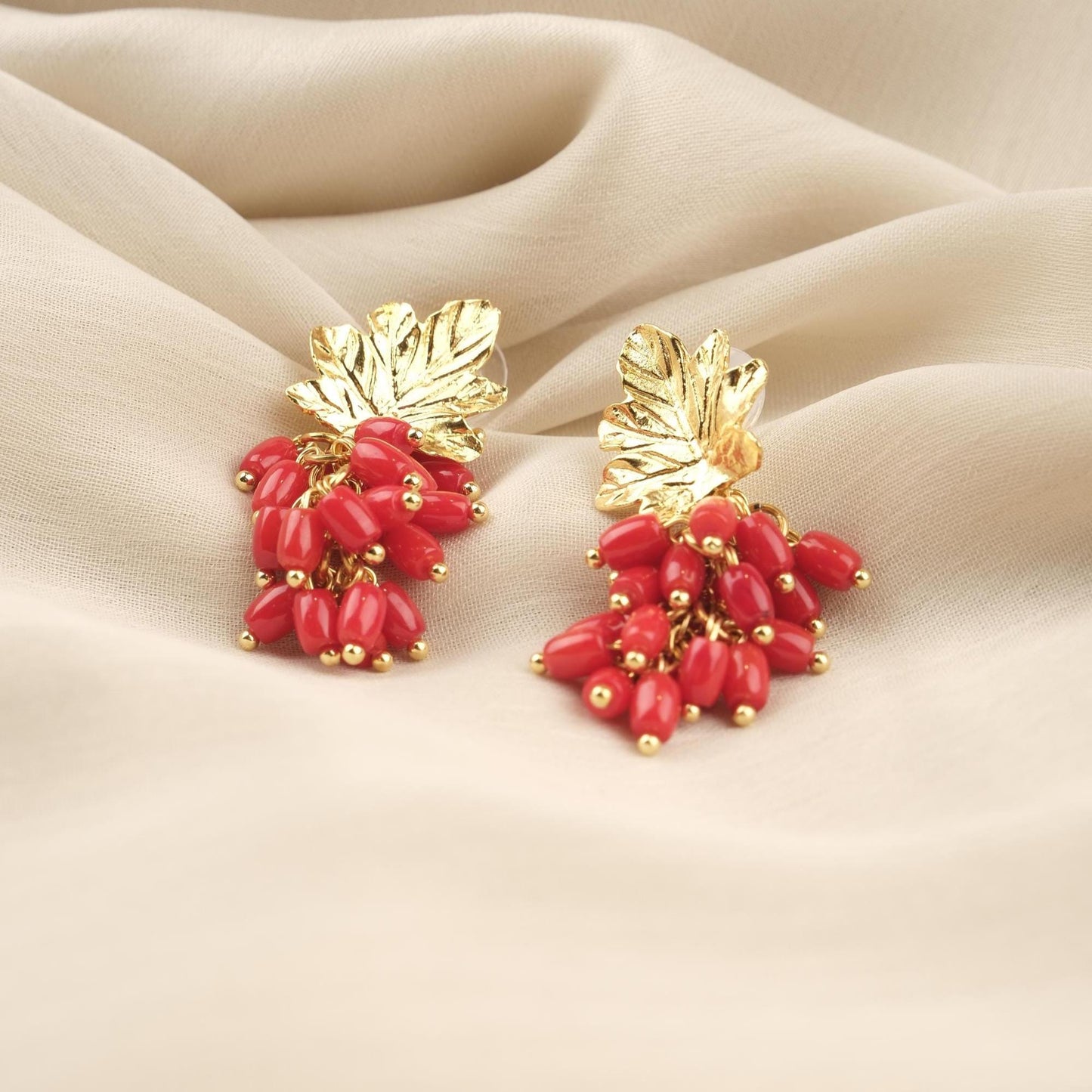 Handmade Genuine Coral Grape Earrings , October Birthstone, Exotic Nature Inspired Studs, Elegant And Artistic Statement Jewelry Design Gift