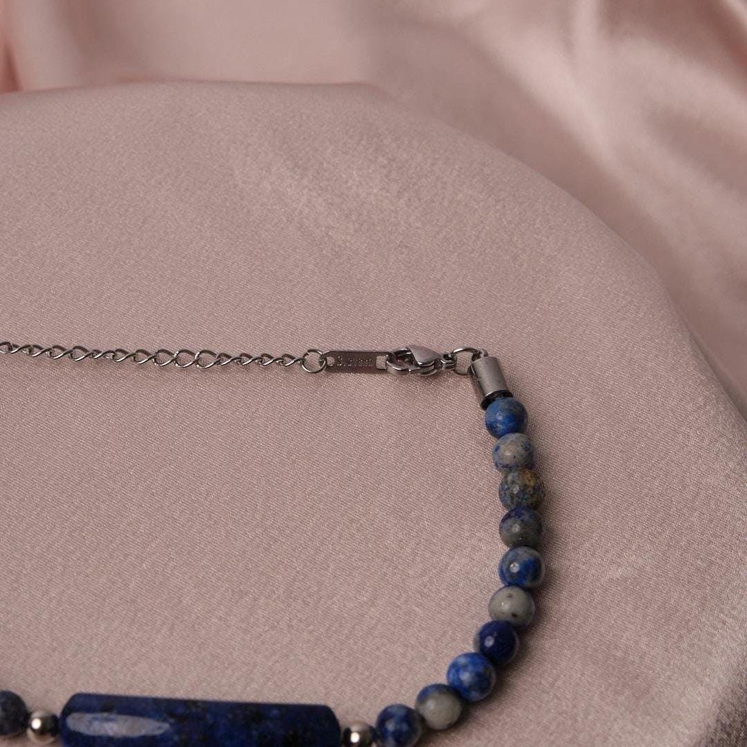 Lapis Gemstone Classic Bracelet for Men in Adjustable Silver Cord, Classy Jewelery, Gifts for Dad or Boyfriend, Lapis Bracelet for Men