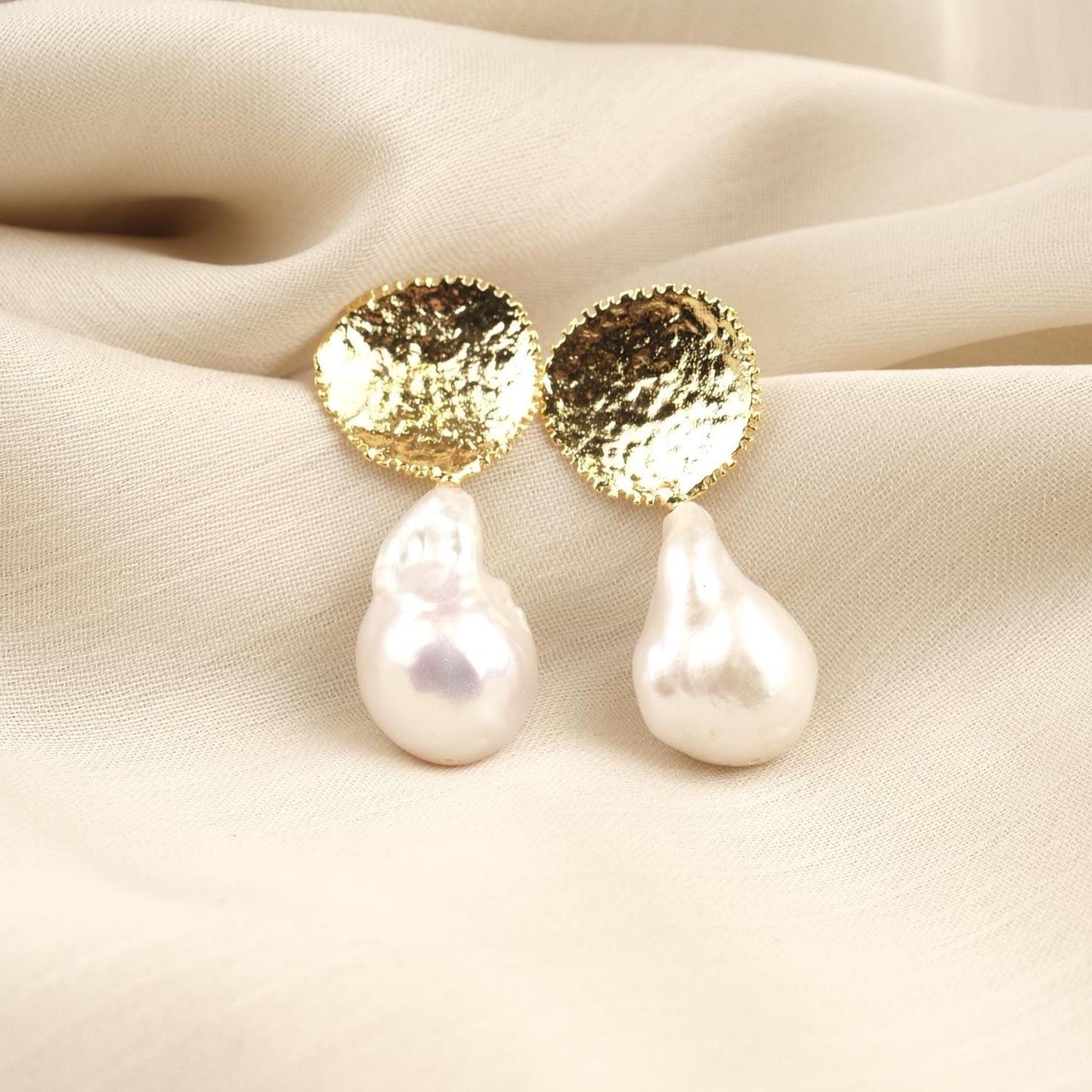 Handmade Genuine Baroque Pearls, Gold Plated Earrings With Antique Looking Design, Vintage Style Statement Studs With Organic Gemstone Charm