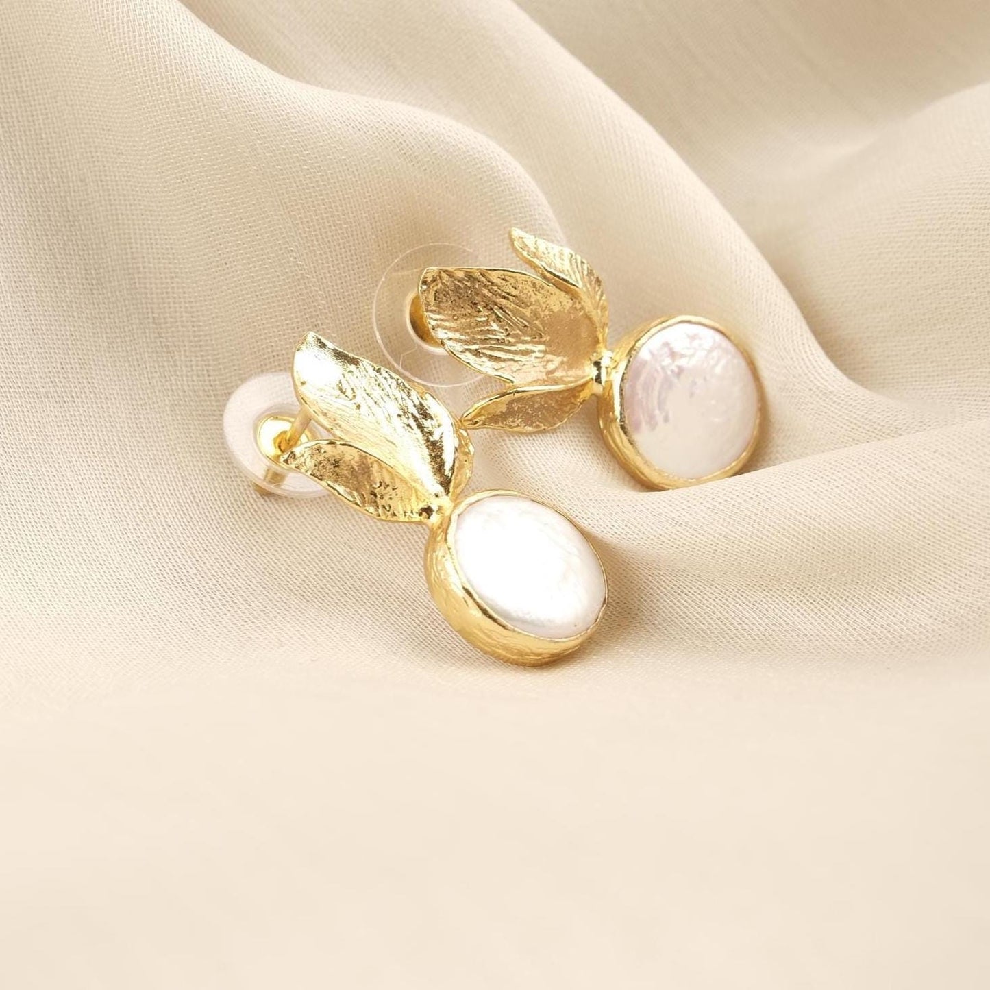 Handmade Genuine Pearl Stud Earrings, Gold Plated Leaf Design, Artistic Nature-Inspired Jewelry for Women, Elegant Lightweight Statement
