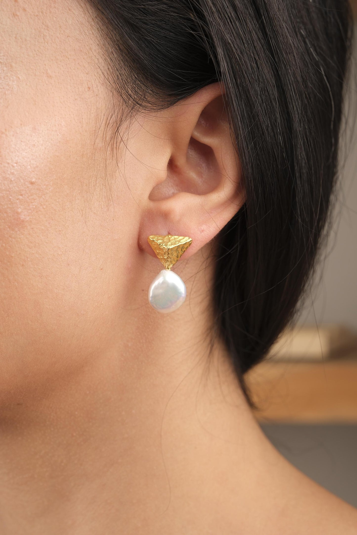 Handmade Genuine Pearl Stud Earrings, Pyramid Style Textured Gold Plated Design, Minimalist Chic Jewelry for Women, Artistic Modern Look