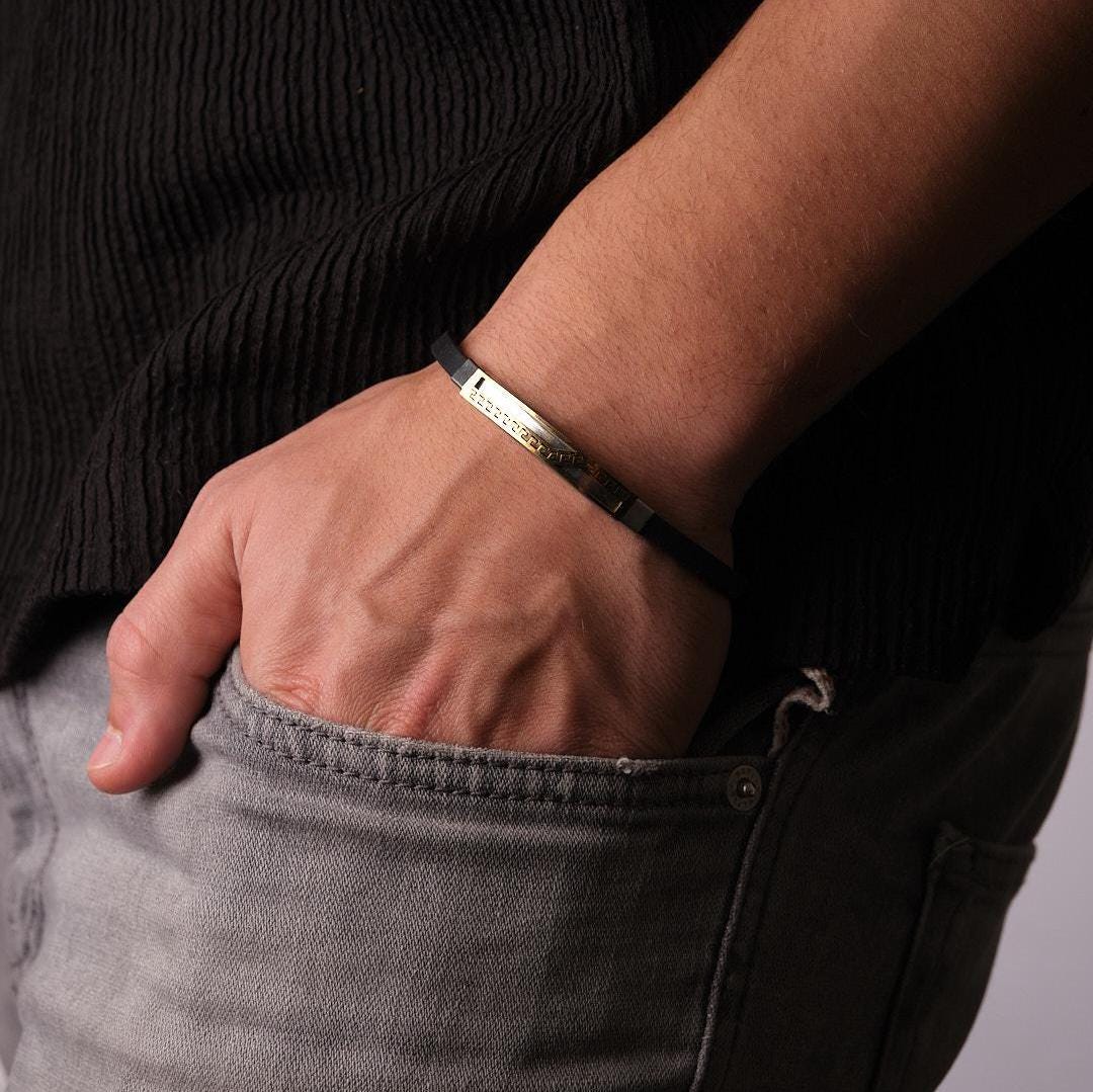 Gold Detailed Geometric Silver Bracelet – 22 cm – Modern Men Jewerly Design, Masculine | Perfect Accessory Gift for Everyday Wear
