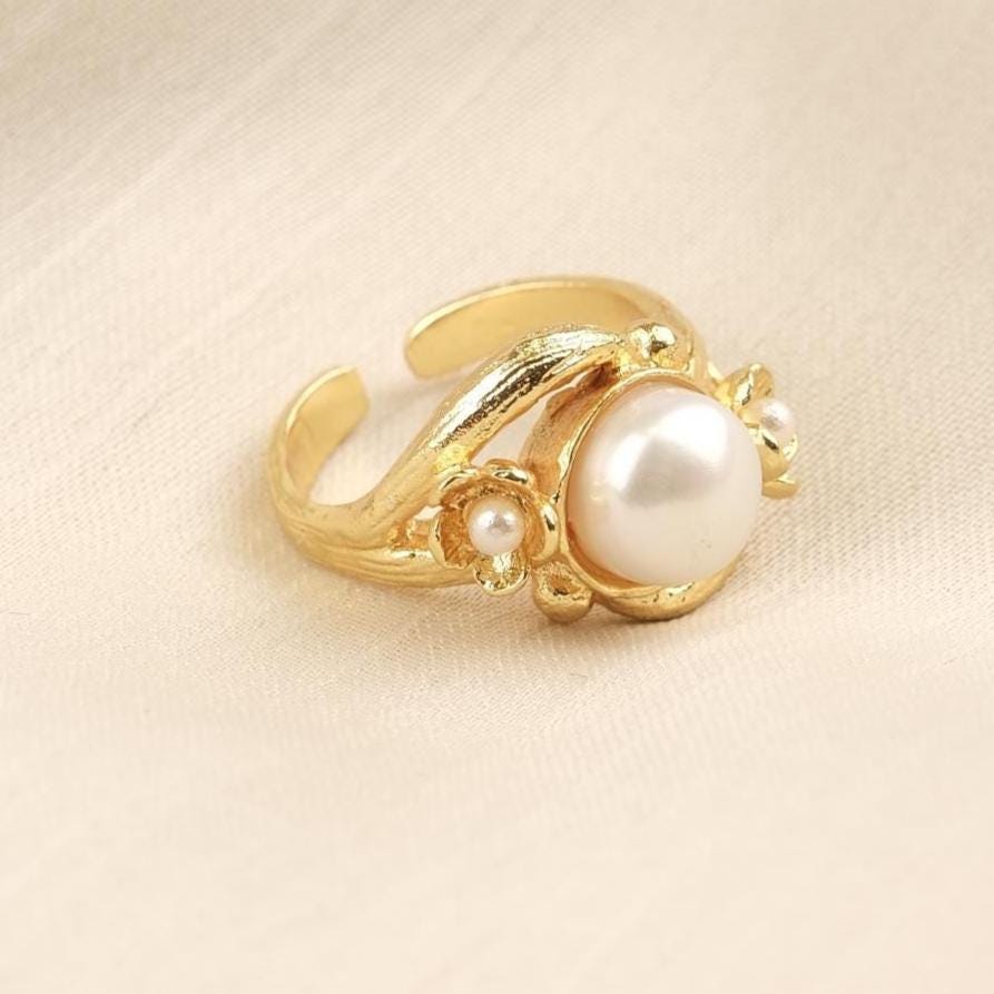 Handmade Artistic Design Ring With Faux Pearl Centerpiece, Adjustable Antique Looking And Vintage Style Gold Plated With Delicate Detailing