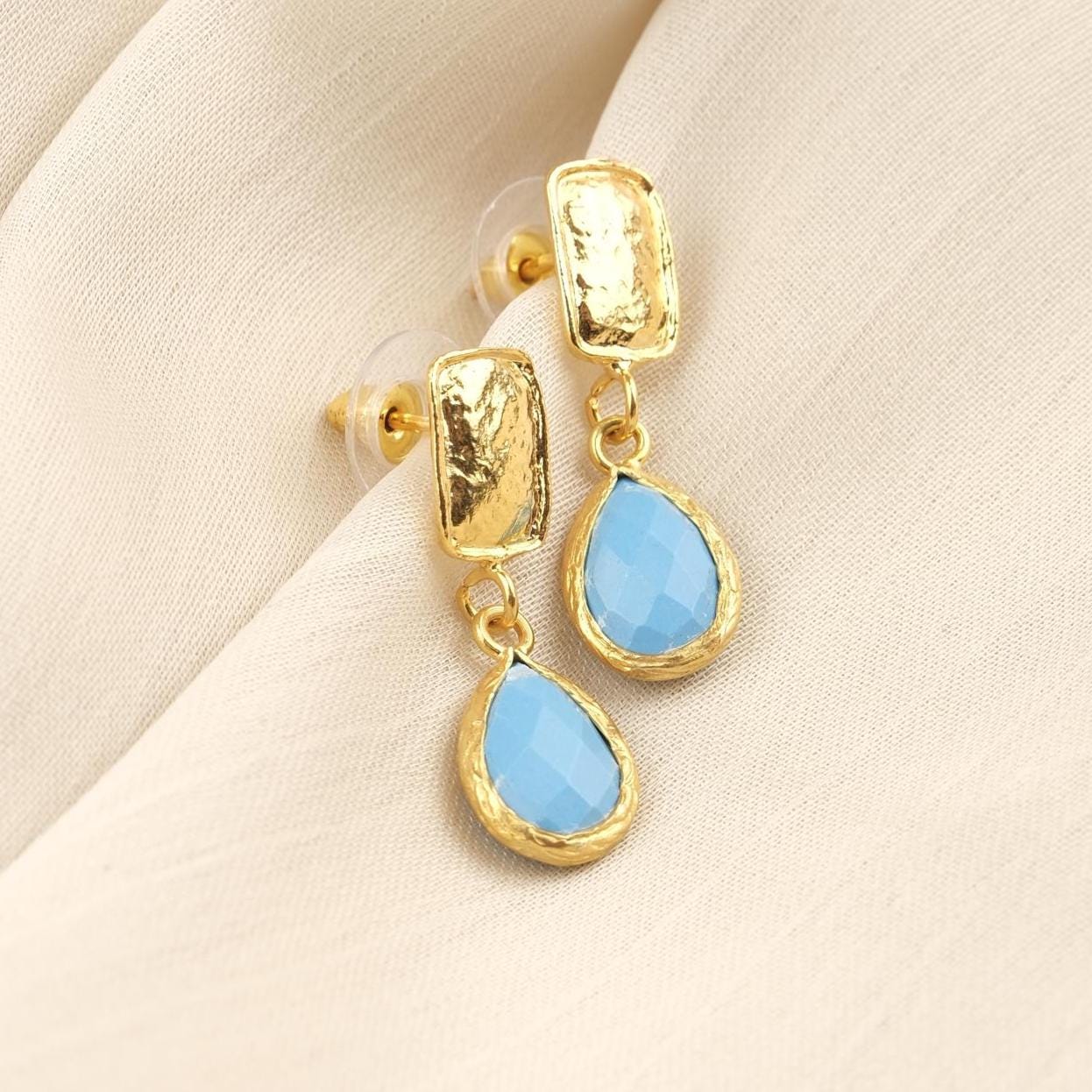 Handmade Turquoise Gemstone Stud Earrings, Elegant Teardrop Design with Faceted Blue Stone, Antique Looking Dainty Gift for Women