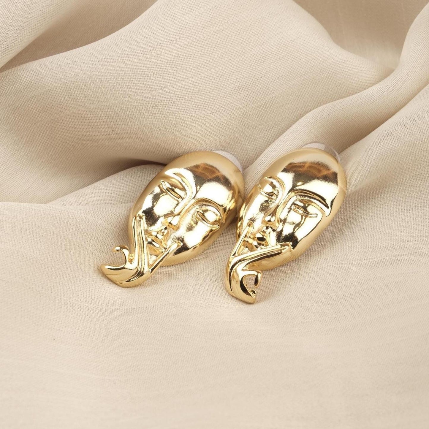 Handmade Artistic Woman Face Stud Earrings, Gold Plated Abstract Design, Statement Feminine Jewelry, Unique Gift with Vintage Style Flair