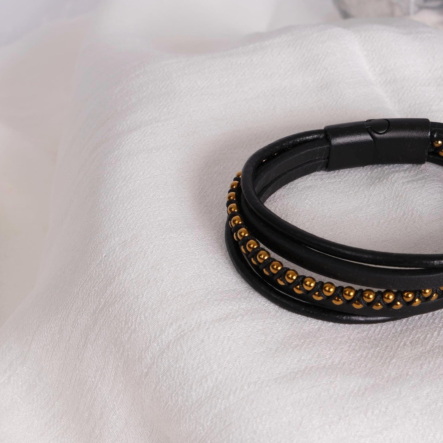 Black Genuine Leather Bracelet for Men with Gold Beads, Statement Jewelry Gift for Him