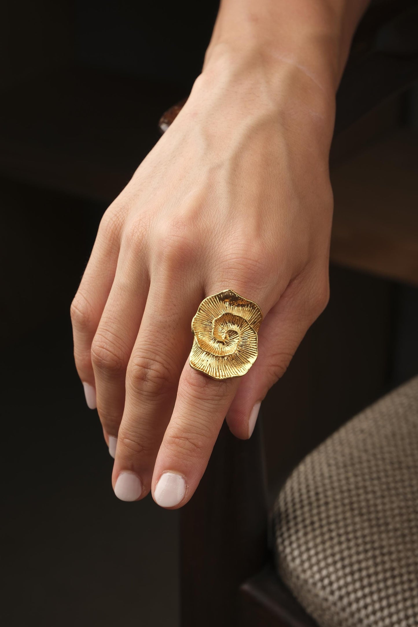 Feel the Movement, Handmade Spiral Bloom Ring, Vintage Style Floral Design, Antique Looking Textured Petal Statement Band | Gold Plated Gift