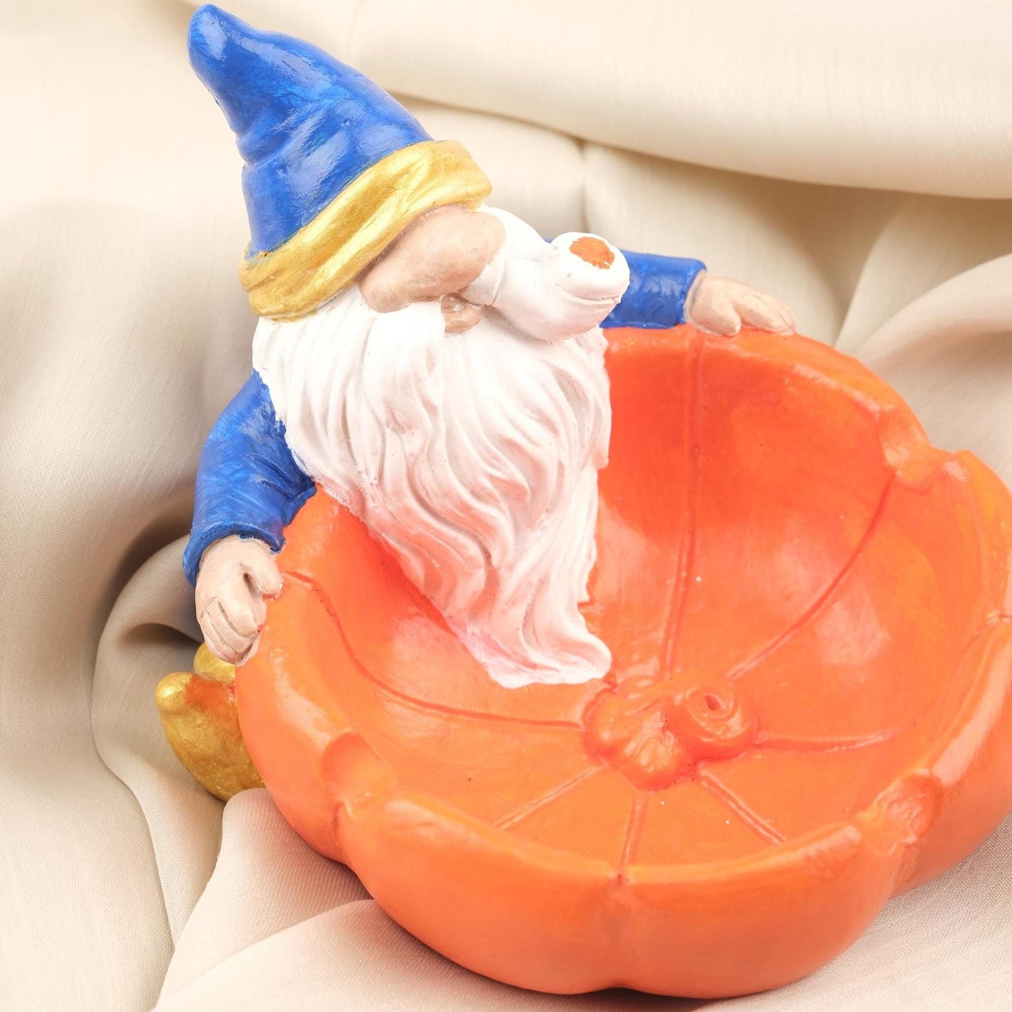 Santa Gnome Ashtray in Orange Pumpkin Bowl, Whimsical Elf Smoking Tray, Handcrafted Fantasy Decor Unique Gift for Smokers, 11x14x11cm Blue