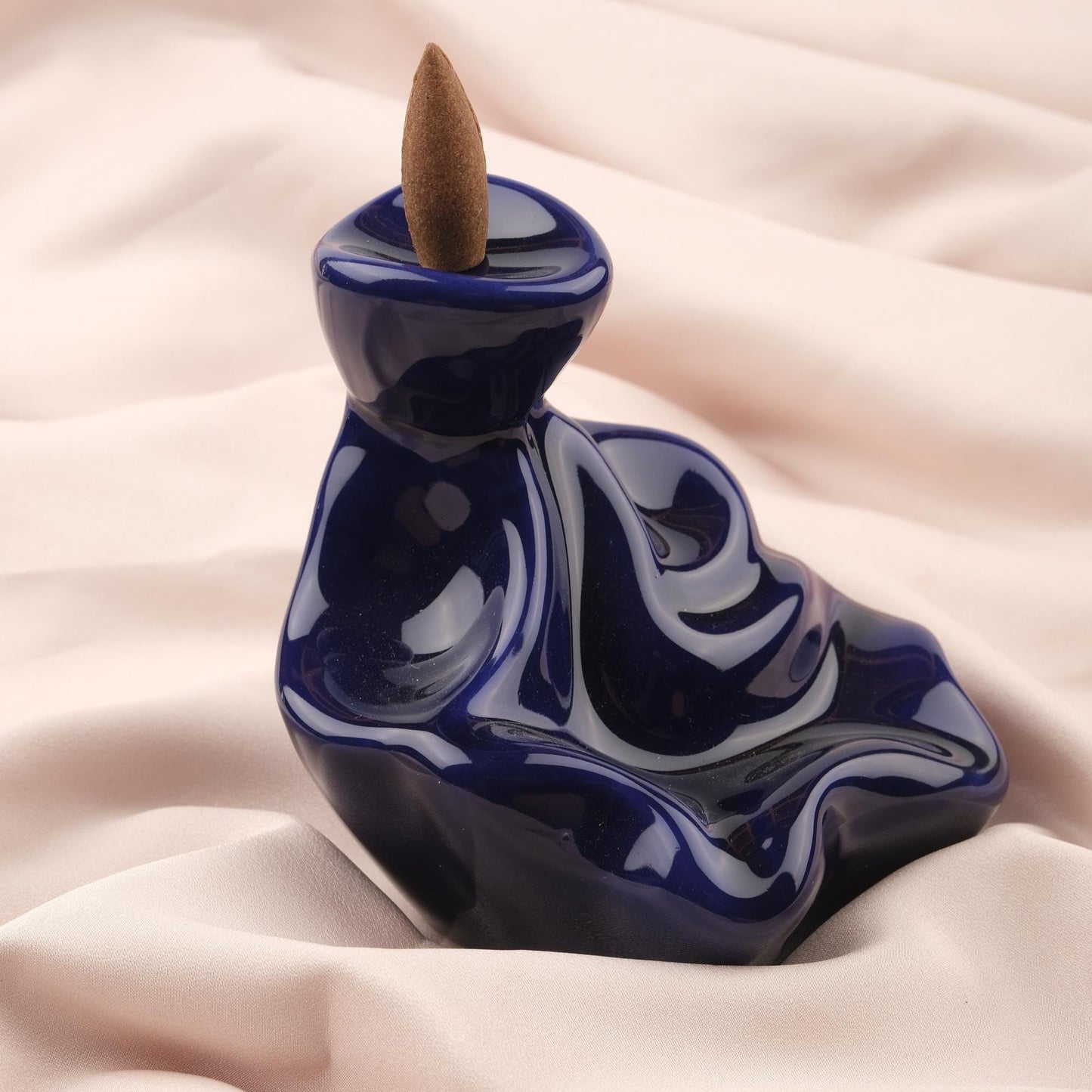 Abstract Backflow Incense Burner | 14 cm / 5.5 in | Modern Resin Smoke Fountain, Minimalist Spiritual Decor, Meditation Gift, Navy Blue