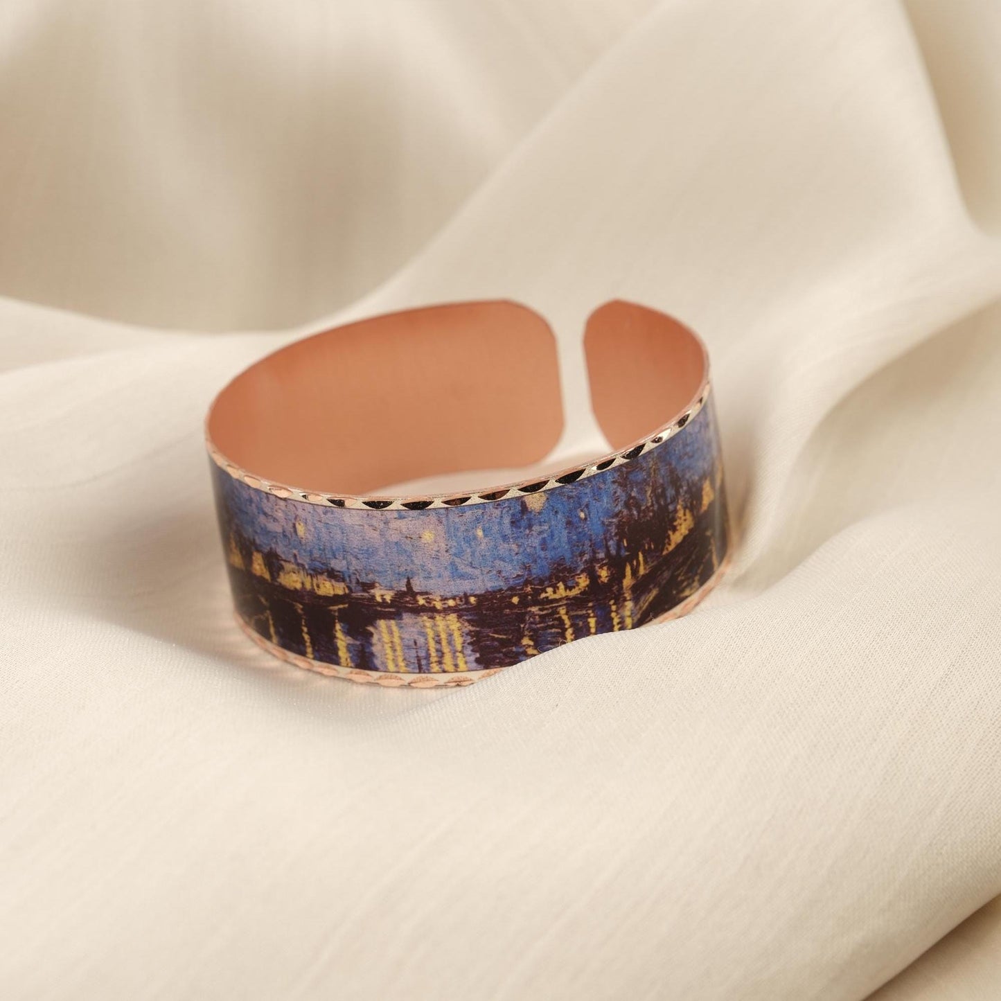 Vincent Van Gogh "Starry Night Over the Rhône" Bracelet, Pure Copper, Handmade Adjustable Artistic Cuff, Antique Looking Vintage Style Gift