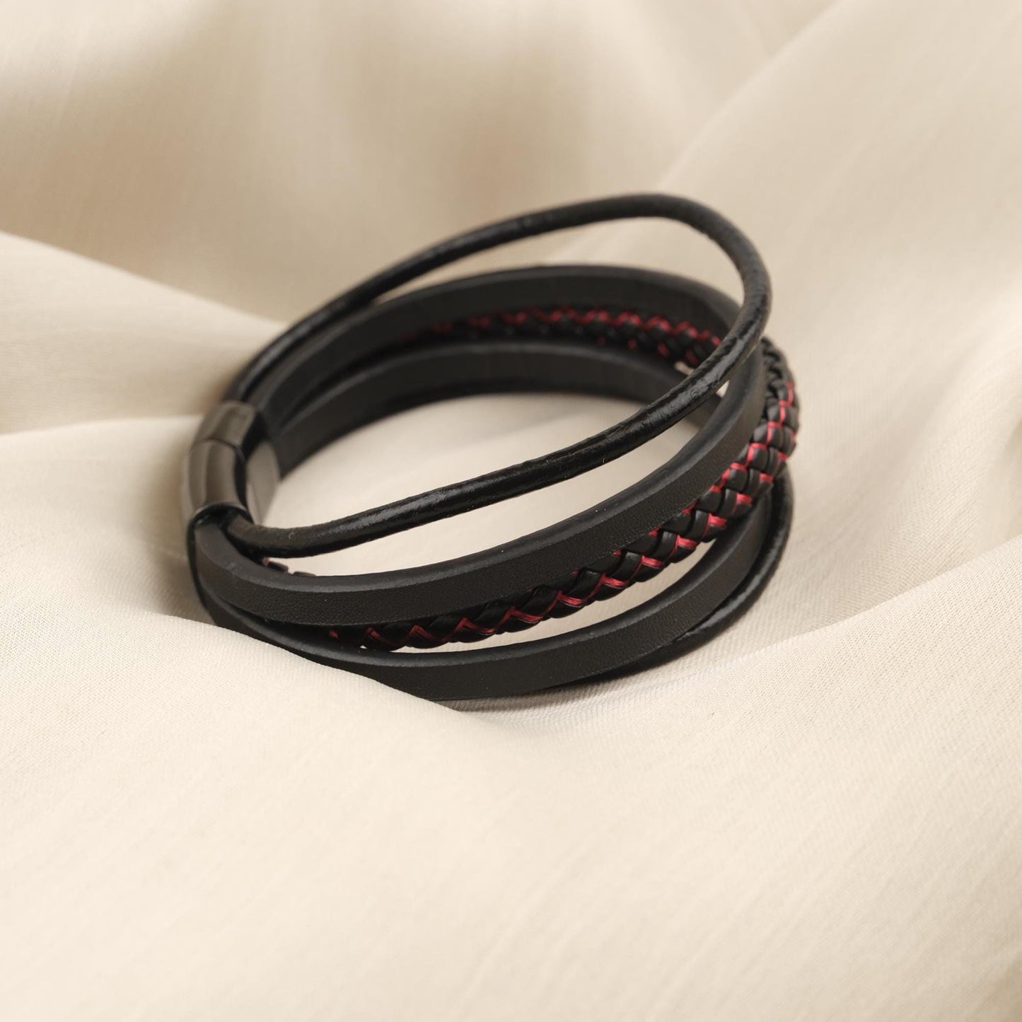 Black Leather Titanium Lock Men's Bracelet – 22cm Bold Design with Red Stitching and Gold Accent